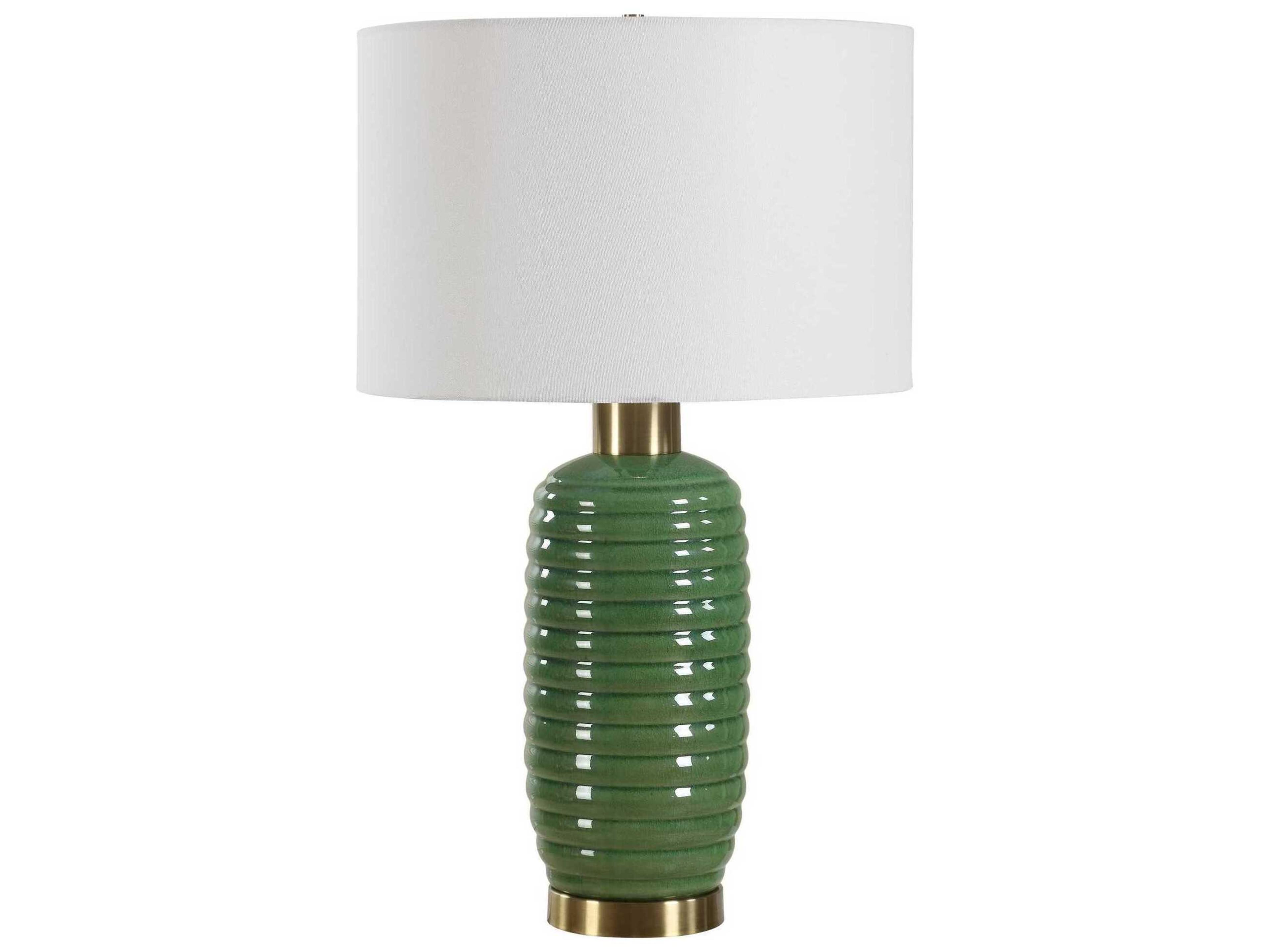 Luxecor Illumination Olive Green Antique Brass Round Hardback Table Lamp