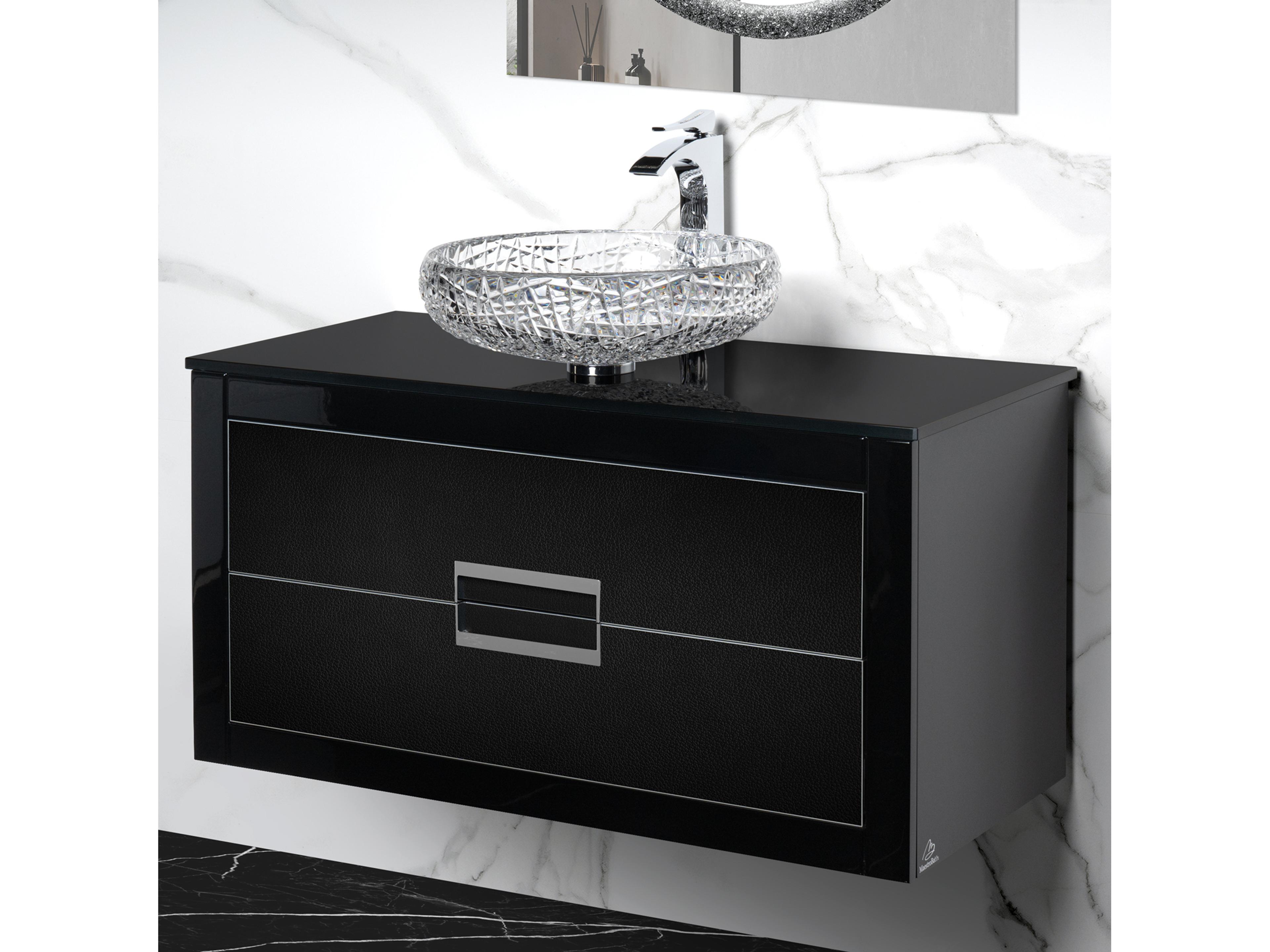 Incantesimo 40" Modern Bathroom Vanity  Black And Silver  Wall-Mounted  Glass Top: Flat