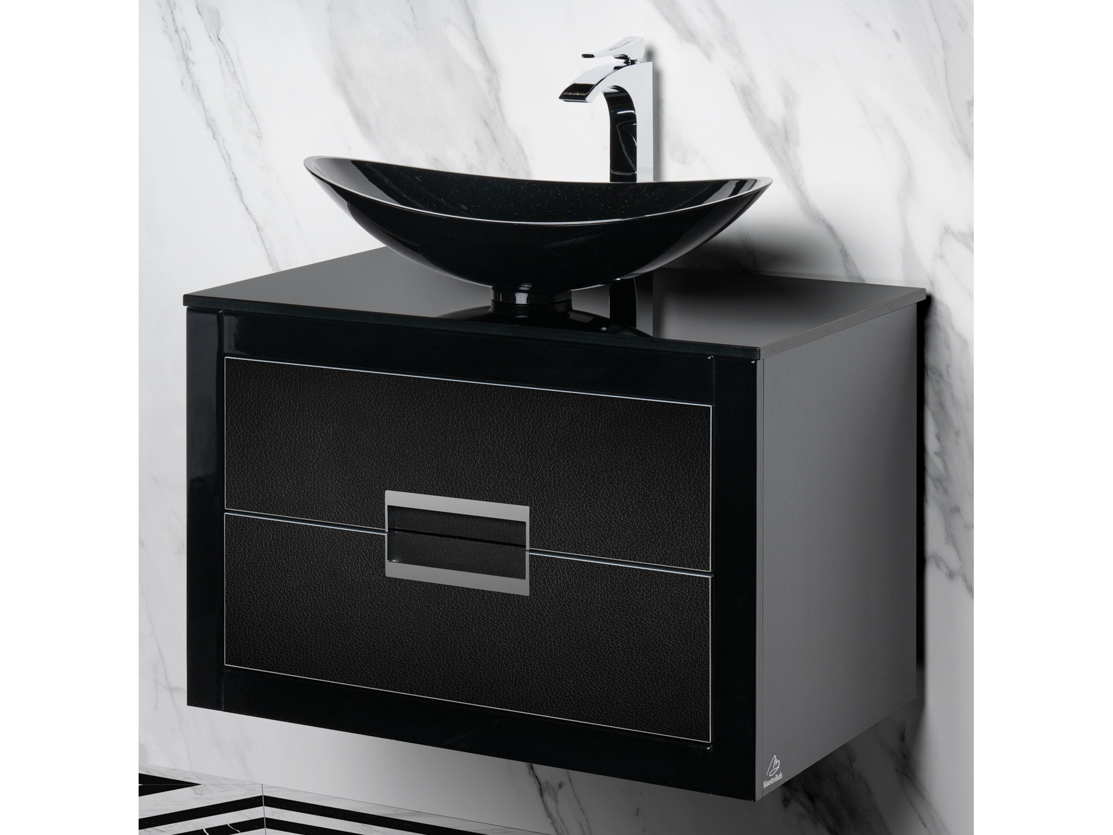 Incantesimo 32" Modern Bathroom Vanity  Black And Silver  Wall-Mounted  Glass Top: Flat