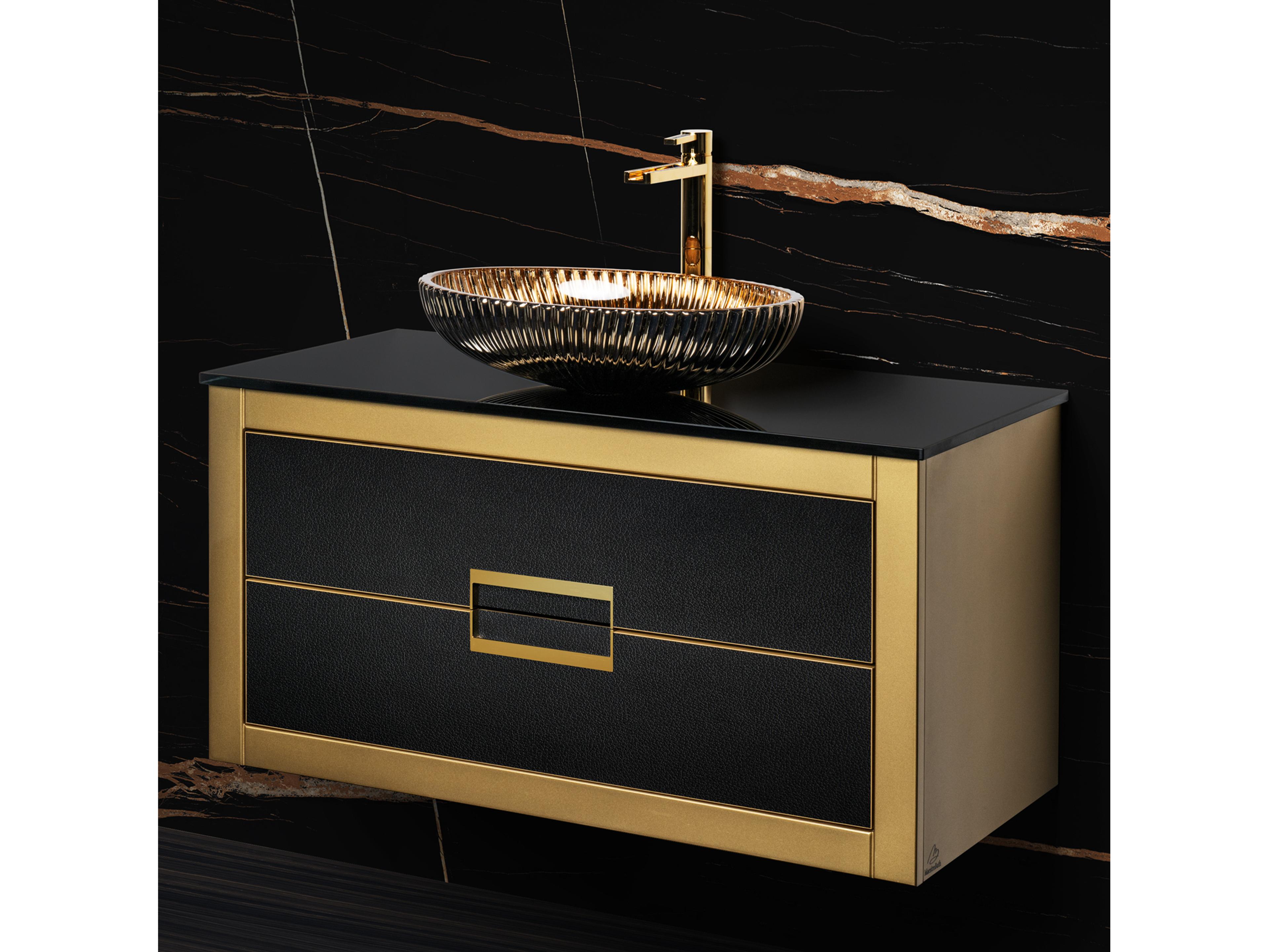 Incantesimo 40" Modern Bathroom Vanity  Gold And Black  Wall-Mounted  Glass Top: Flat
