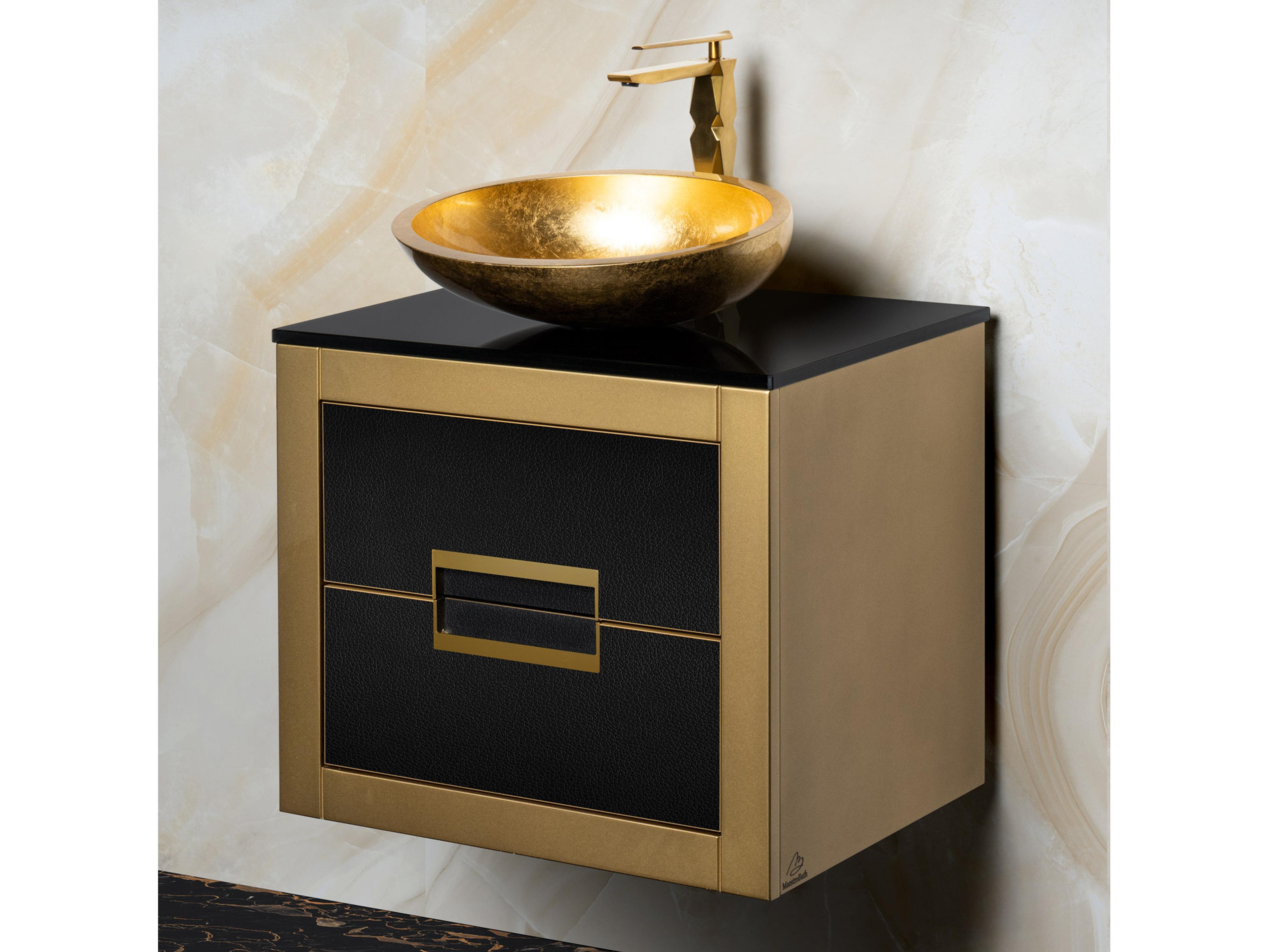 Incantesimo 24" Modern Bathroom Vanity  Gold And Black  Wall-Mounted  Glass Top: Flat