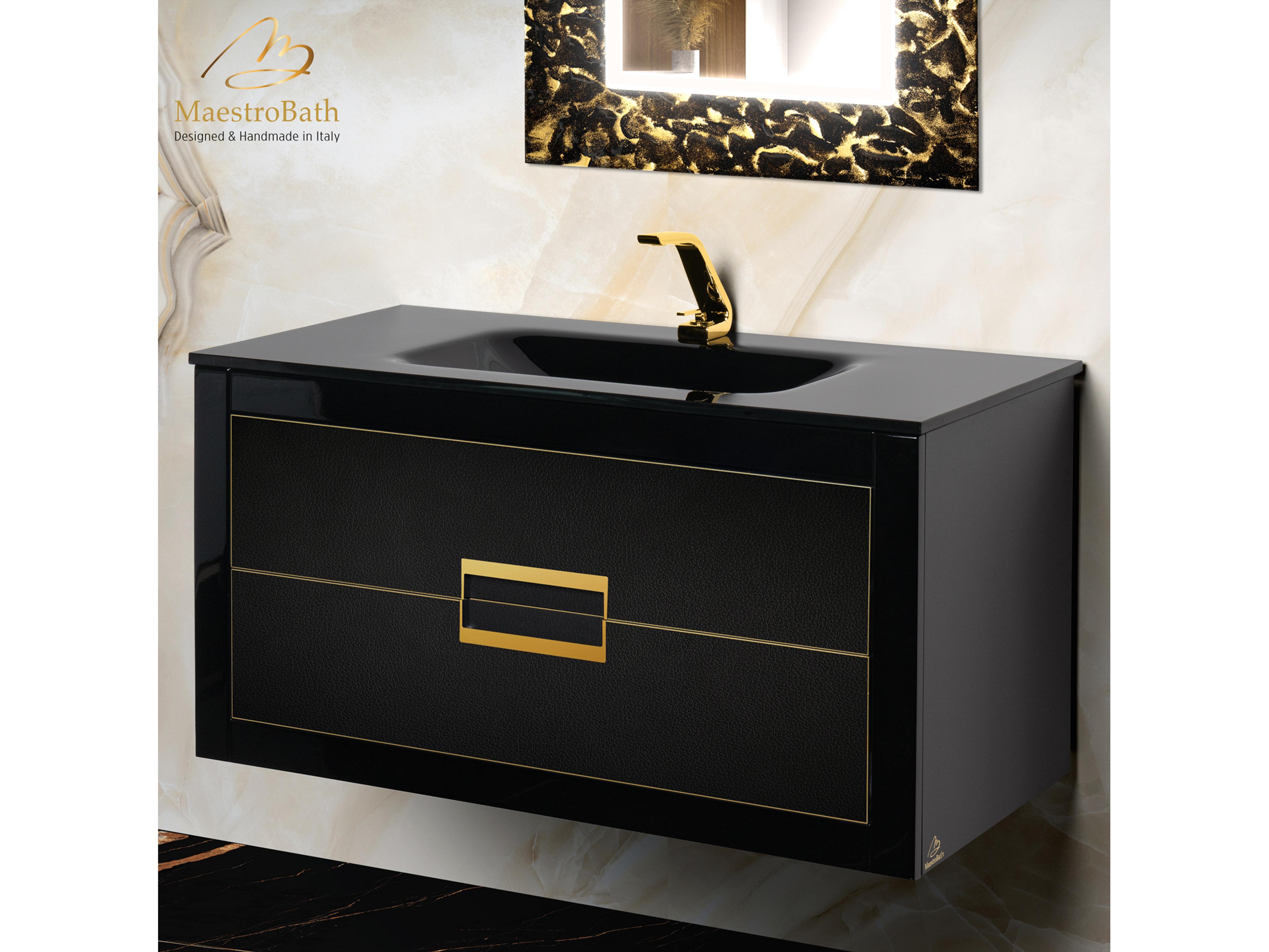 Maestro BathIncantesimo 40" Modern Bathroom Vanity  Black And Gold  Wall-Mounted  Glass Top: Integrated