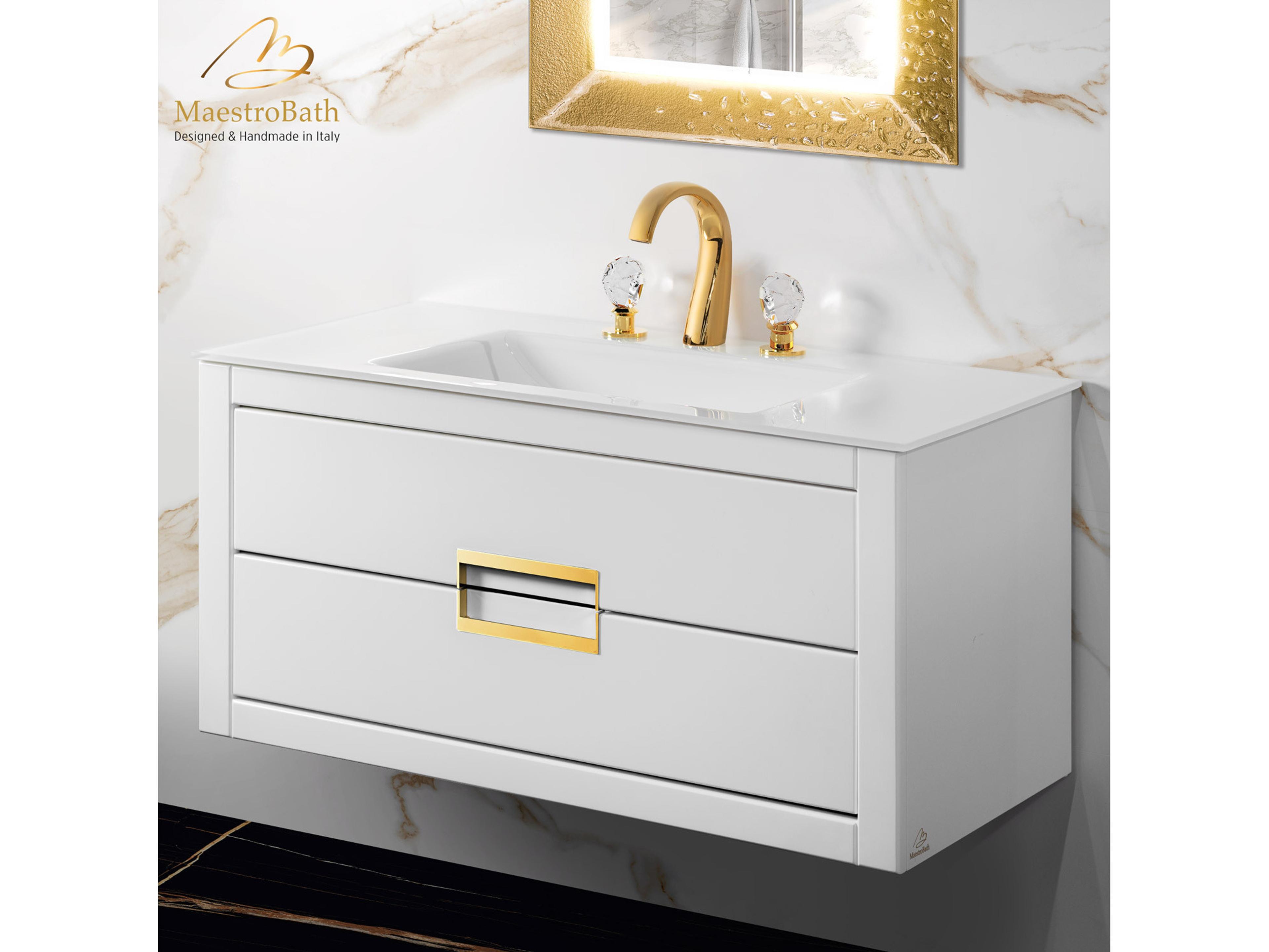 Maestro BathIncantesimo 40" Modern Bathroom Vanity  White And Gold  Wall-Mounted  Glass Top: Integrated