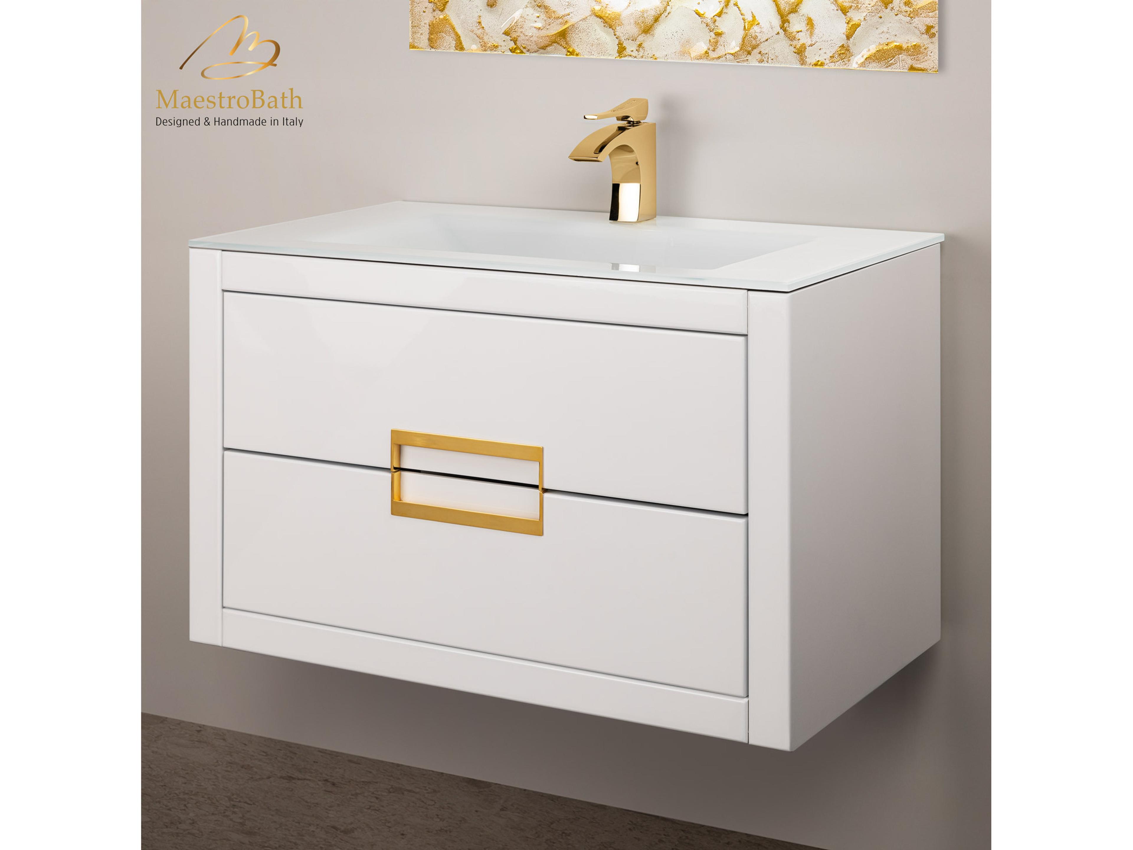 Maestro BathIncantesimo 32" Modern Bathroom Vanity  White And Gold  Wall-Mounted  Glass Top: Integrated