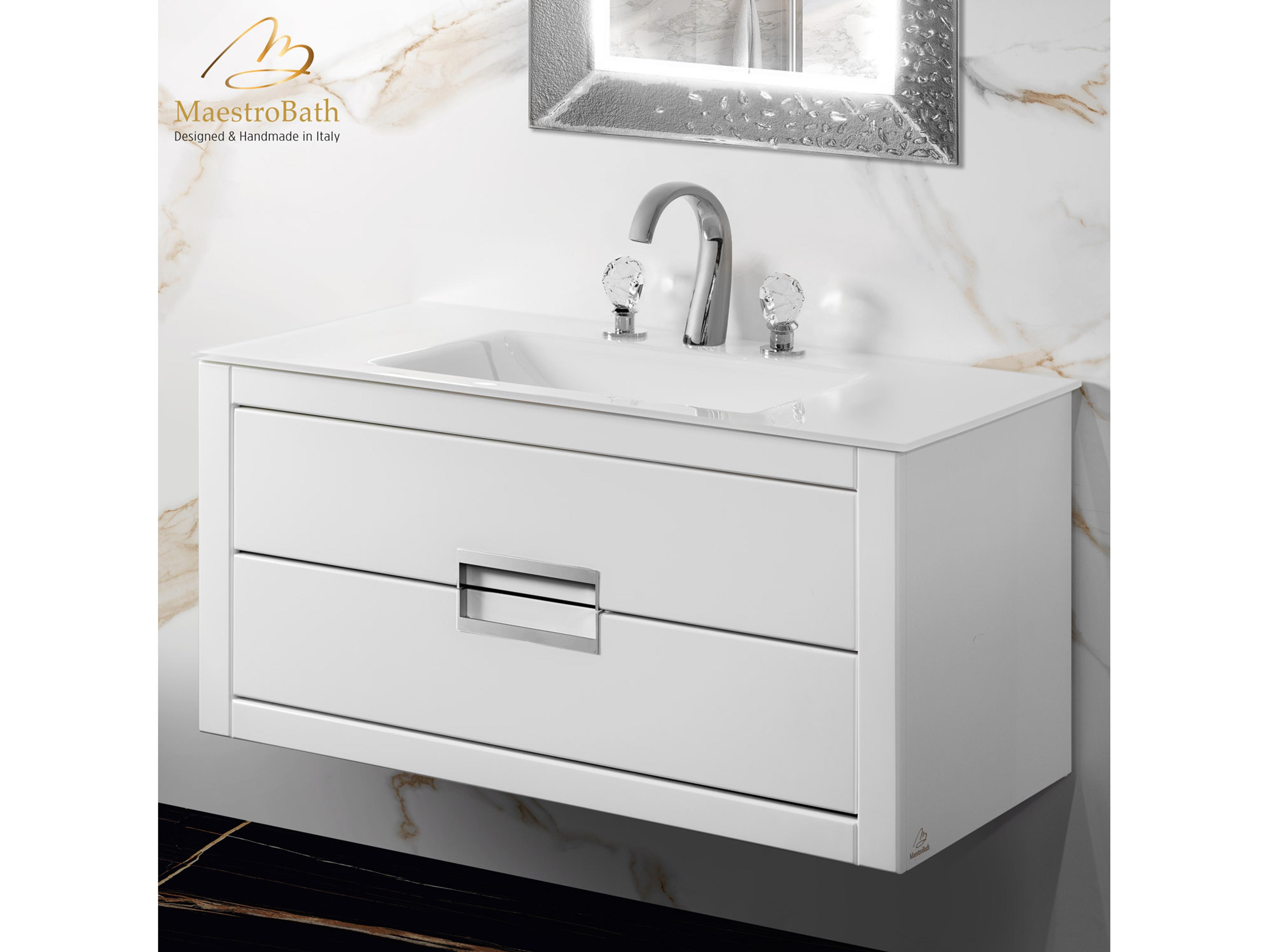 Maestro BathIncantesimo 40" Modern Bathroom Vanity  White And Silver  Wall-Mounted  Glass Top: Integrated
