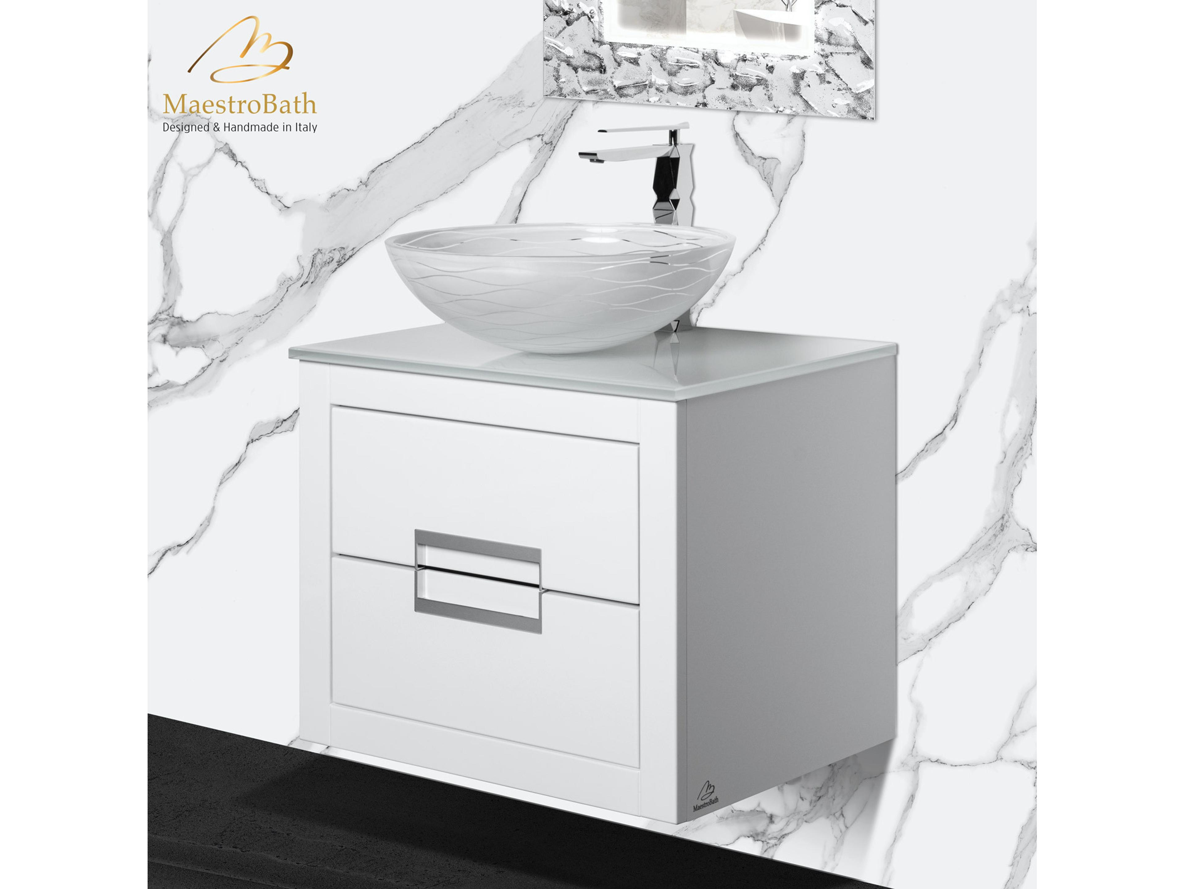 Incantesimo 24" Modern Bathroom Vanity  White And Silver  Wall-Mounted  Glass Top: Integrated