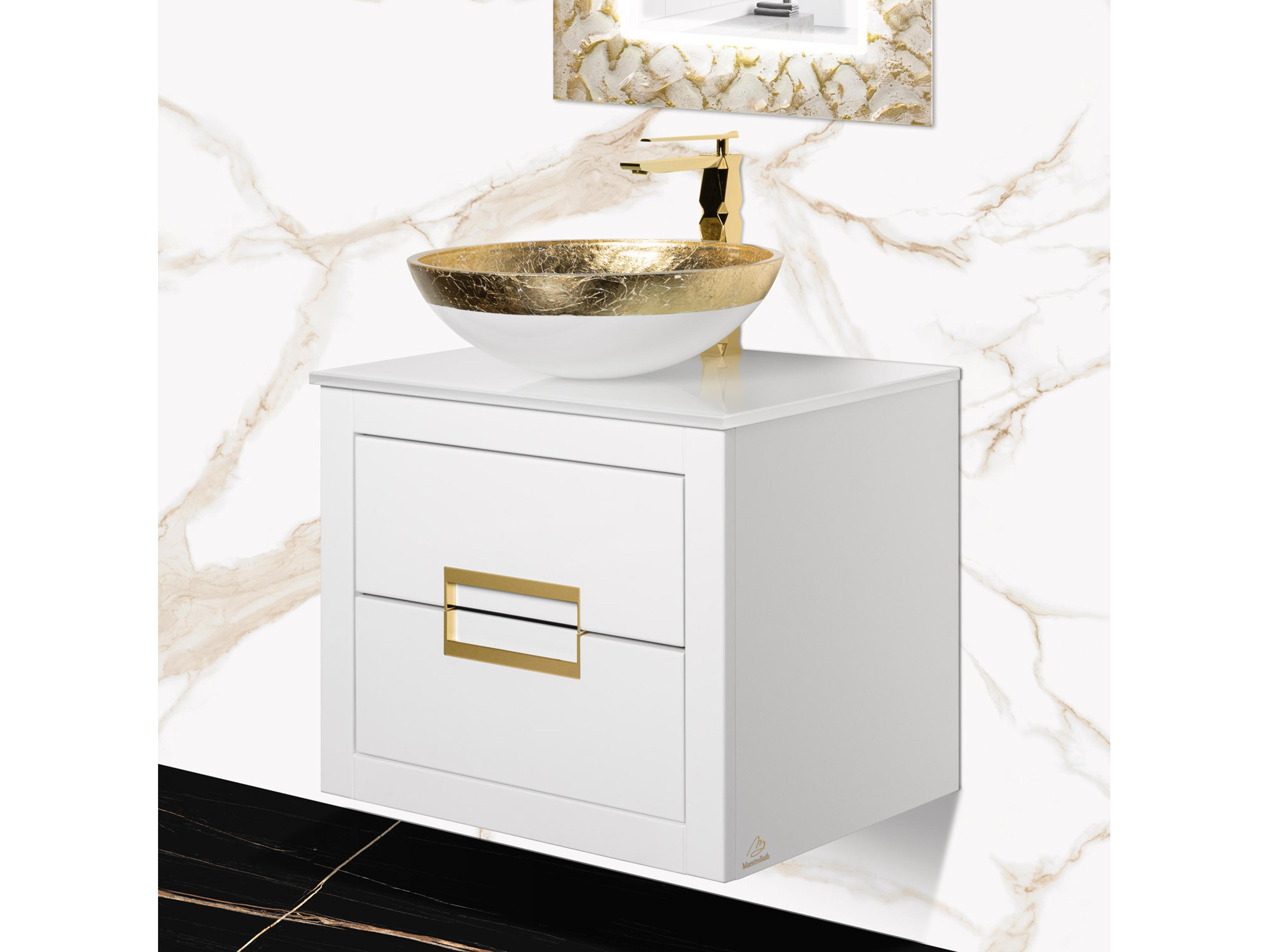 Incantesimo 24" Modern Bathroom Vanity  White And Gold  Wall-Mounted  Glass Top: Flat