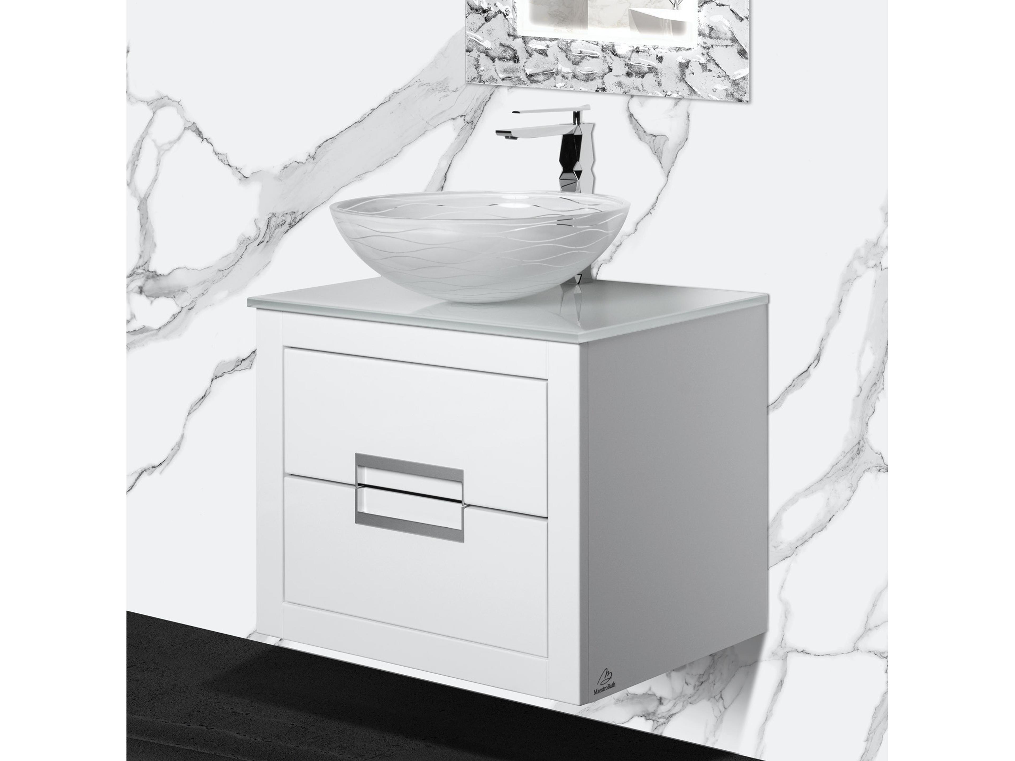 Incantesimo 24" Modern Bathroom Vanity  White And Silver  Wall-Mounted  Glass Top: Flat