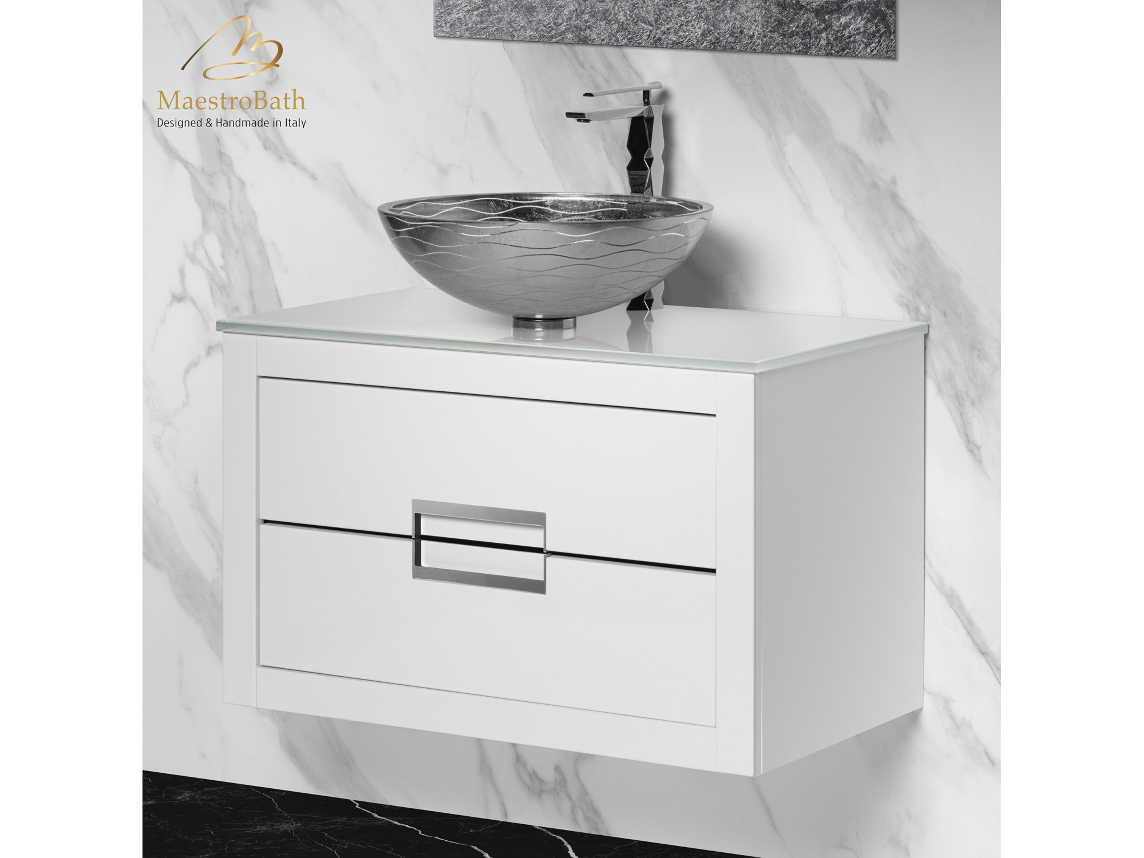Maestro BathIncantesimo 32" Modern Bathroom Vanity  White And Silver  Wall-Mounted  Glass Top: Flat