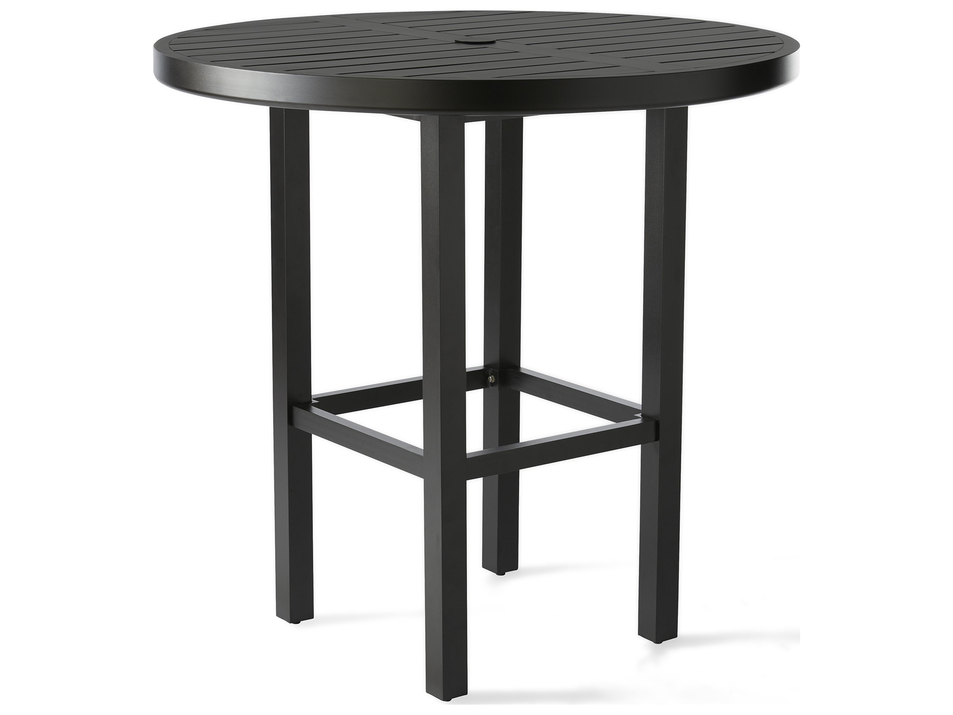 Mallin Trinidad Round Slatted Top Patio Bar Height Table with Umbrella Hole