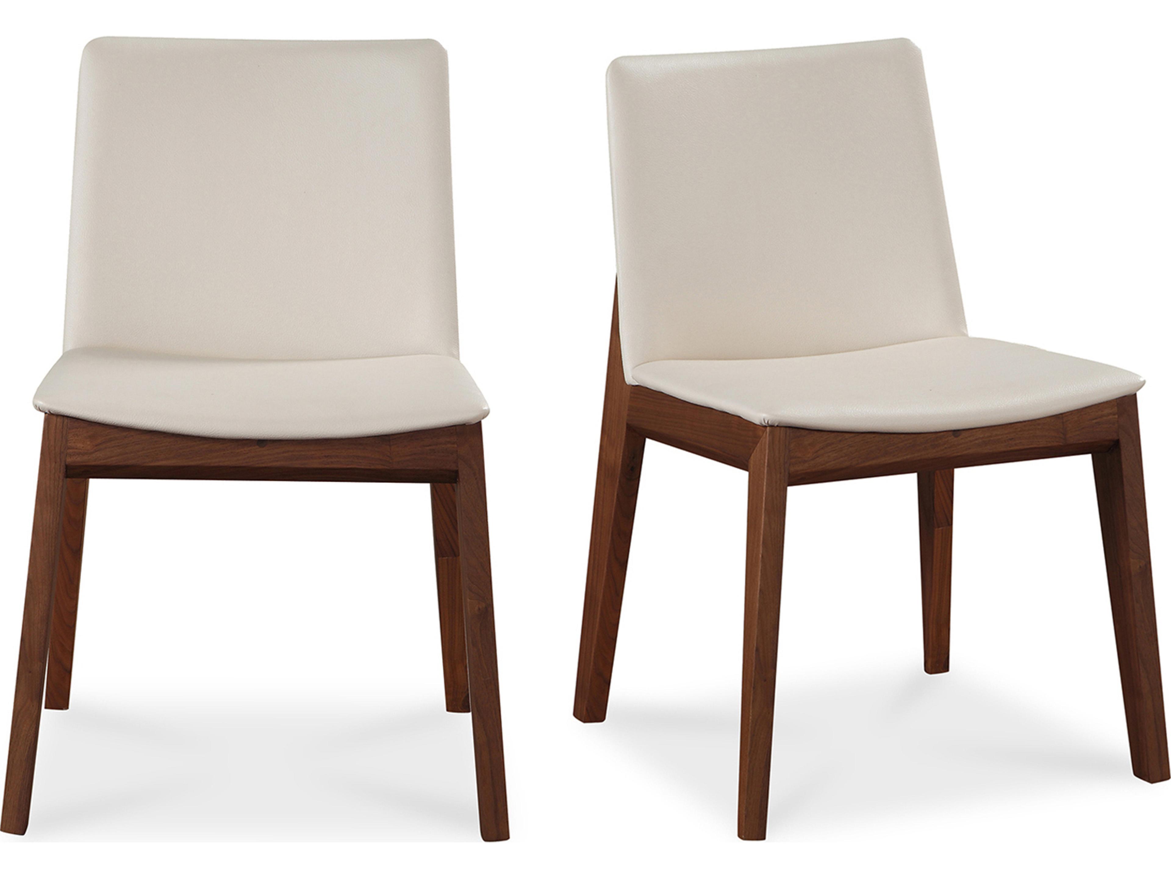 Deco Walnut Wood White Upholstered Side Dining Chair - Set of Two