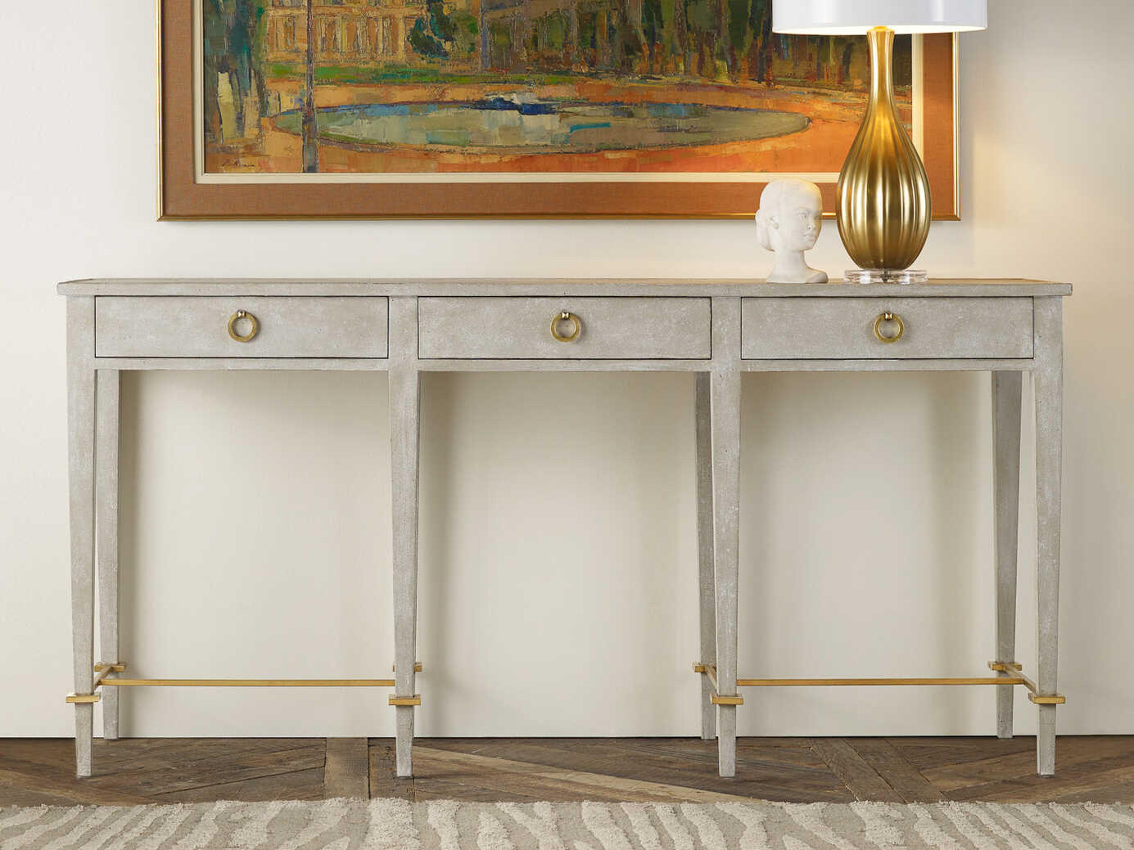 Modern History Home Modernist Rectangular Wood Antique Grey Gold Leaf Console Table