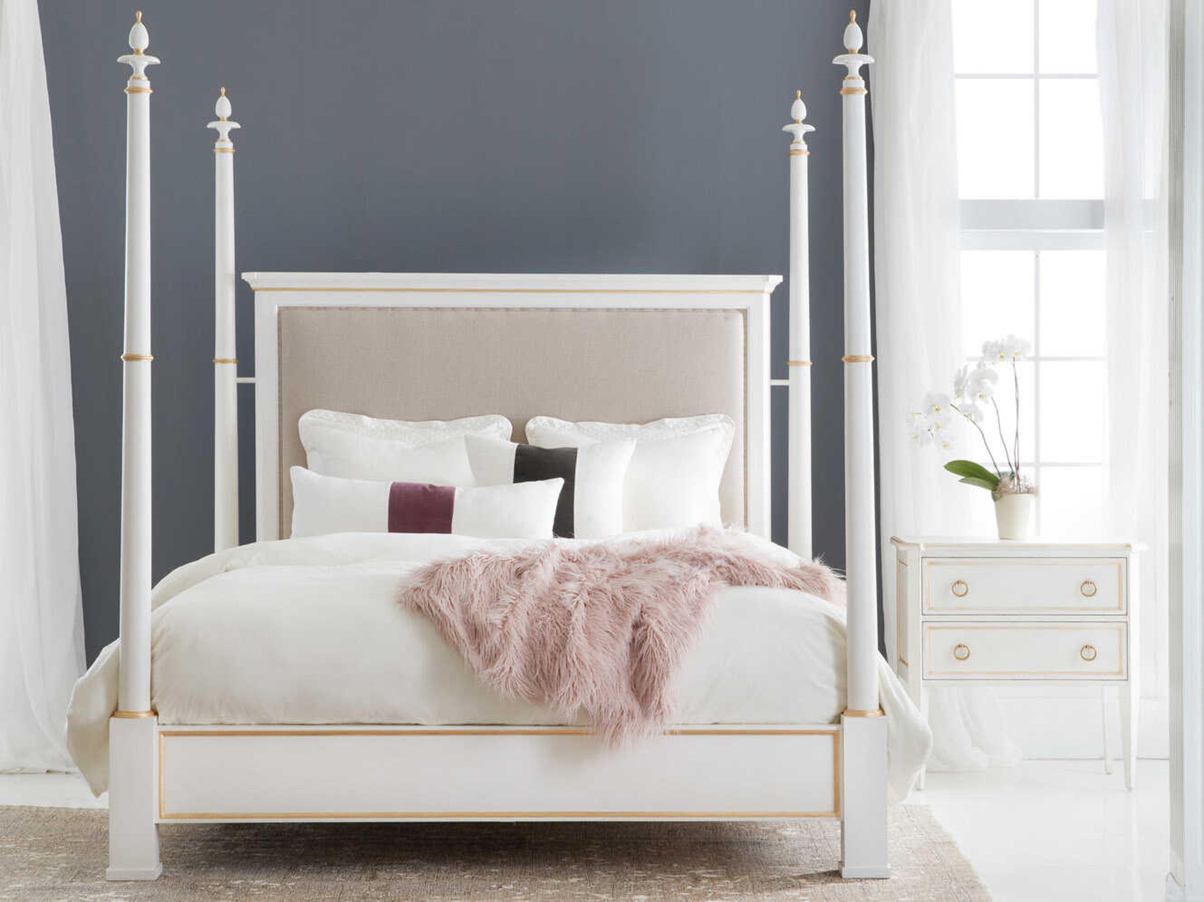 Modern History Home Covington Brushed White Painted Upholstered Queen Poster Bed