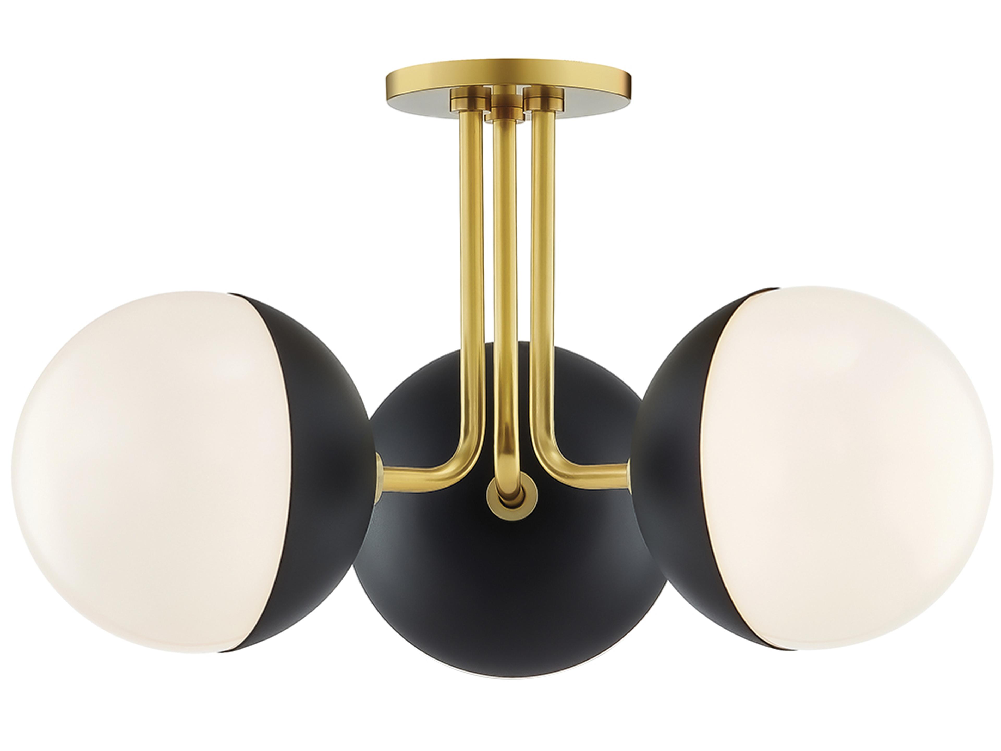 Mitzi Renee 3-Light Aged Brass Black Glass Globe Semi Flush Mount
