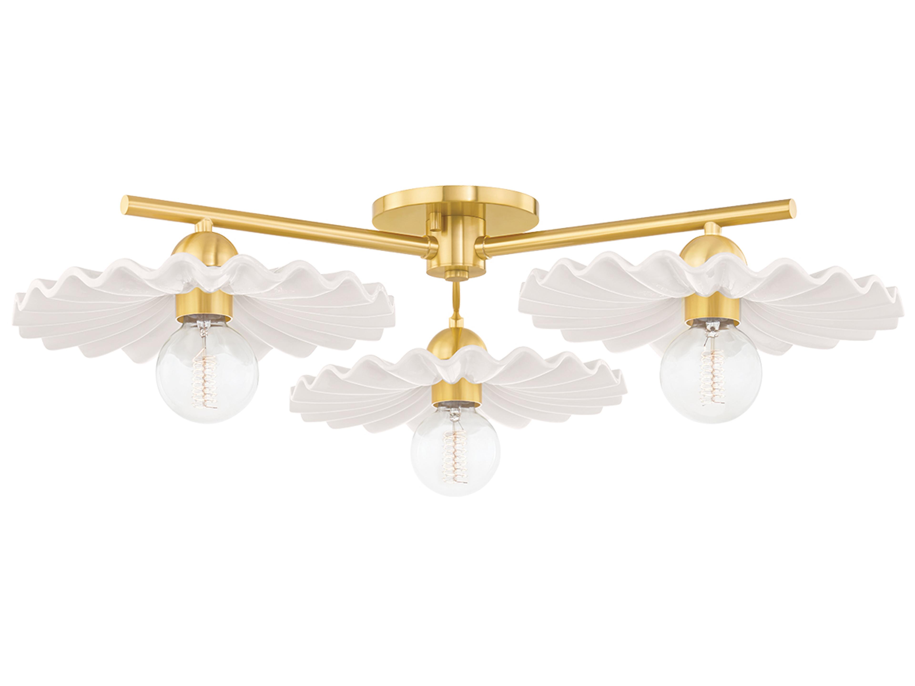 Mitzi Tinsley 3-Light Aged Brass Ceramic Gloss Cream White Round Semi Flush Mount