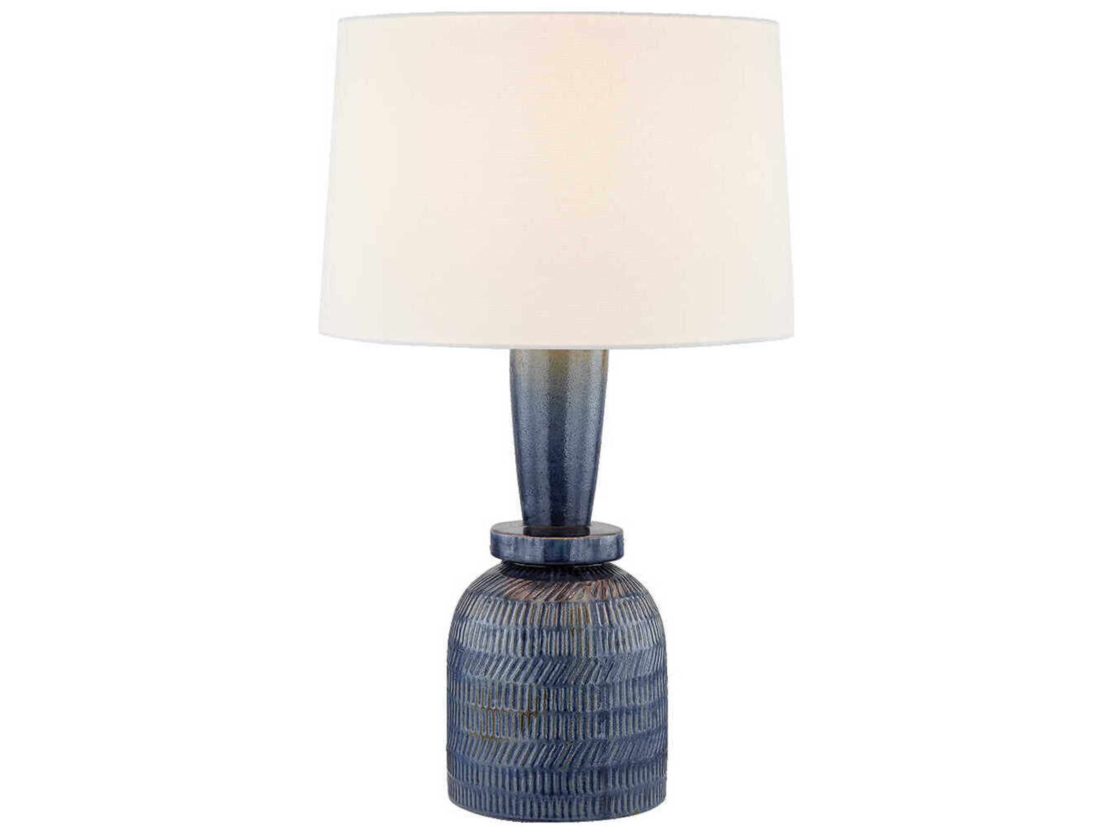 Mandy Cheng Russo Aged Brass Ceramic Washed Cobalt White Linen Fabric Blue Buffet Lamp