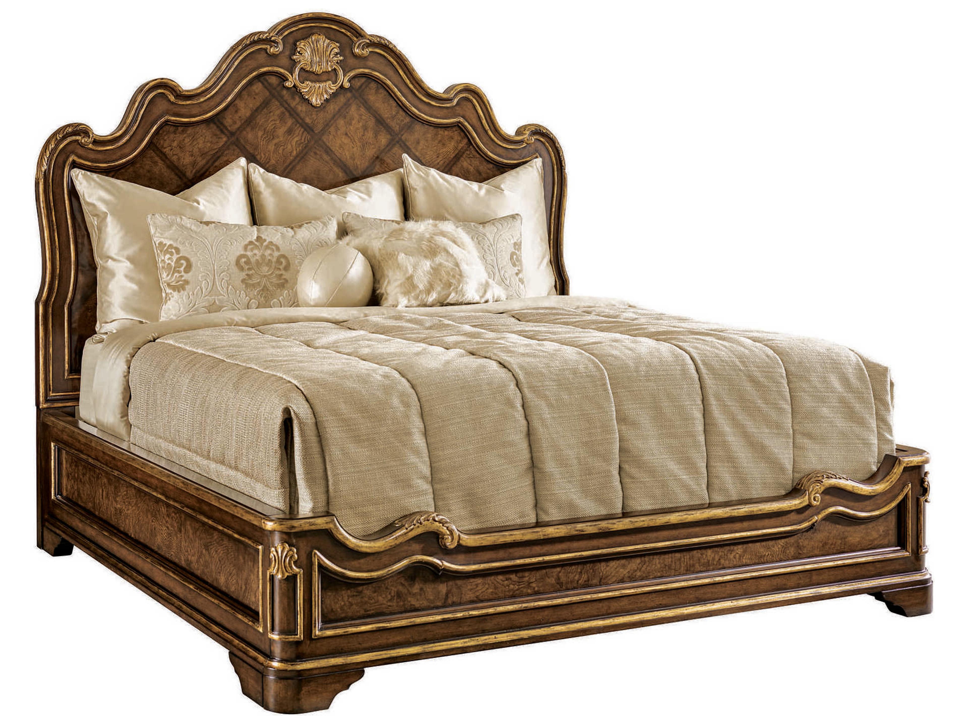 Maitland Smith Aria Aged Gold Brown Ash Wood King Panel Bed