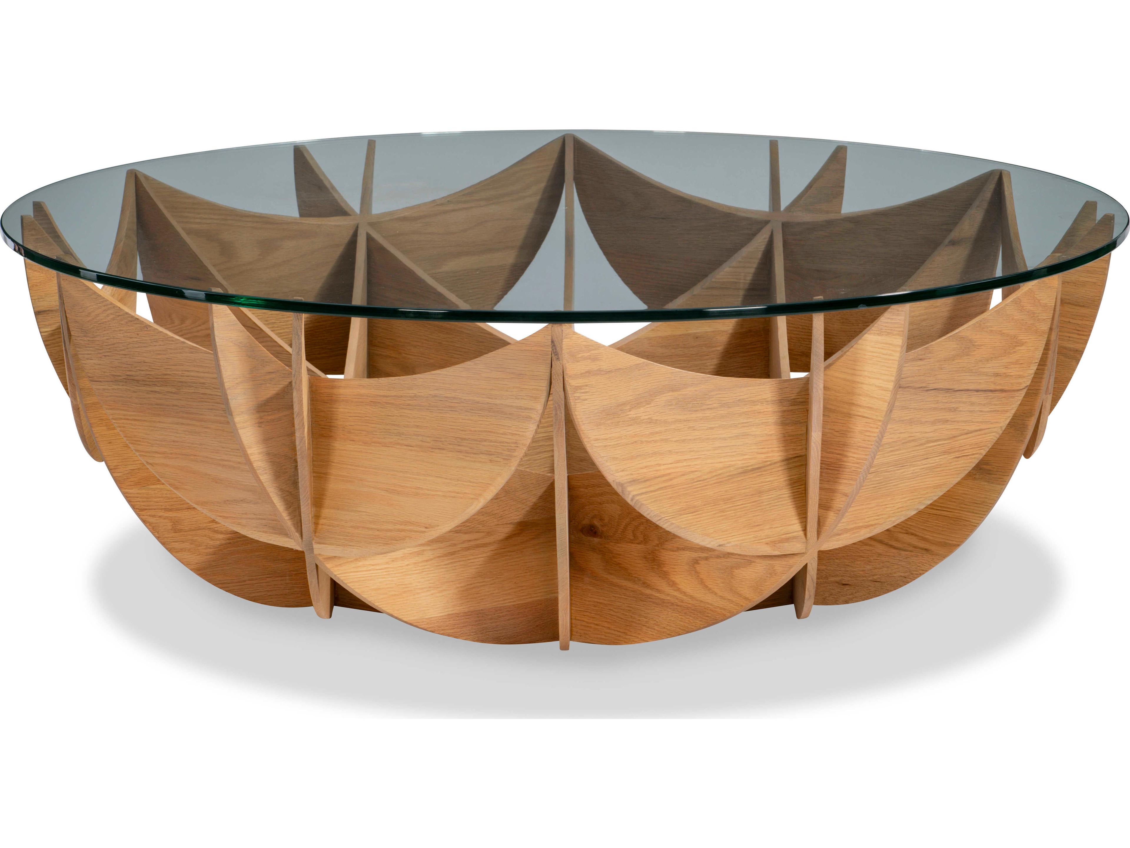 Maitland Smith Oak Honeycomb Round Glass Coffee Table
