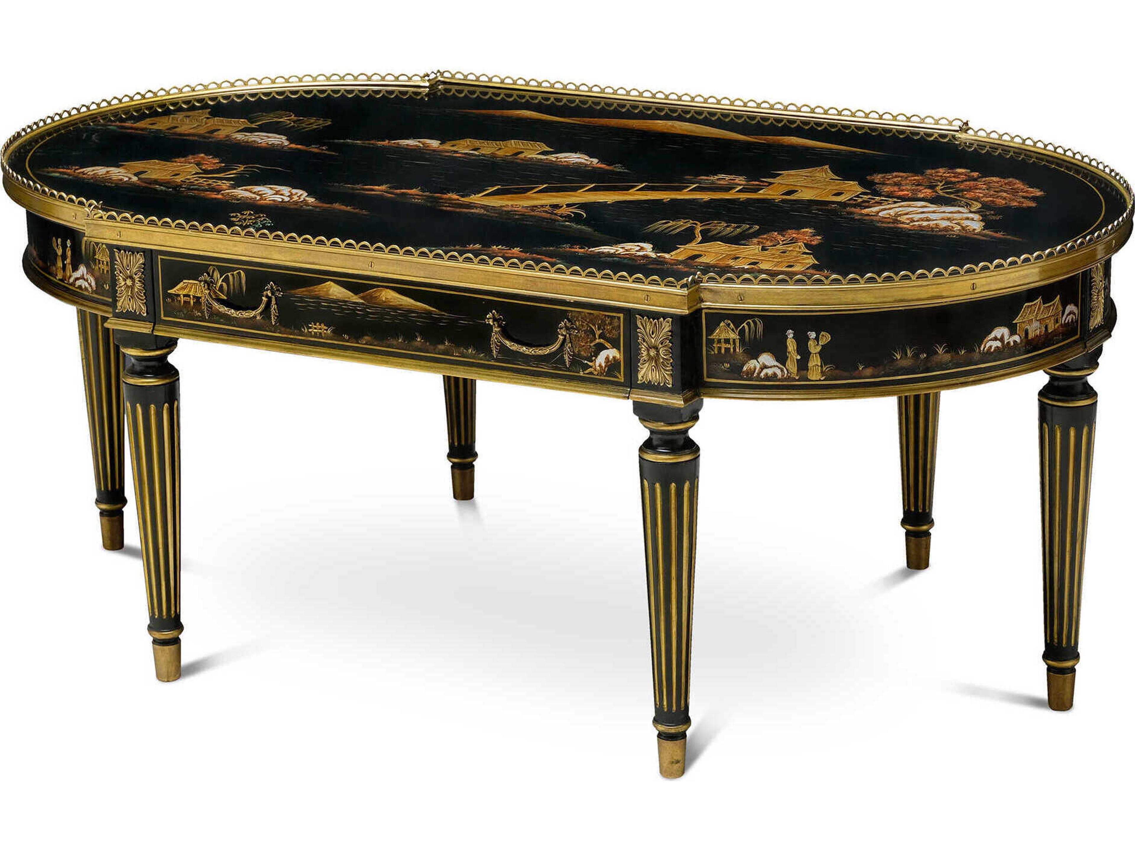 Maitland Smith Fortune Oval Wood Black Lacquered Cocktail Table