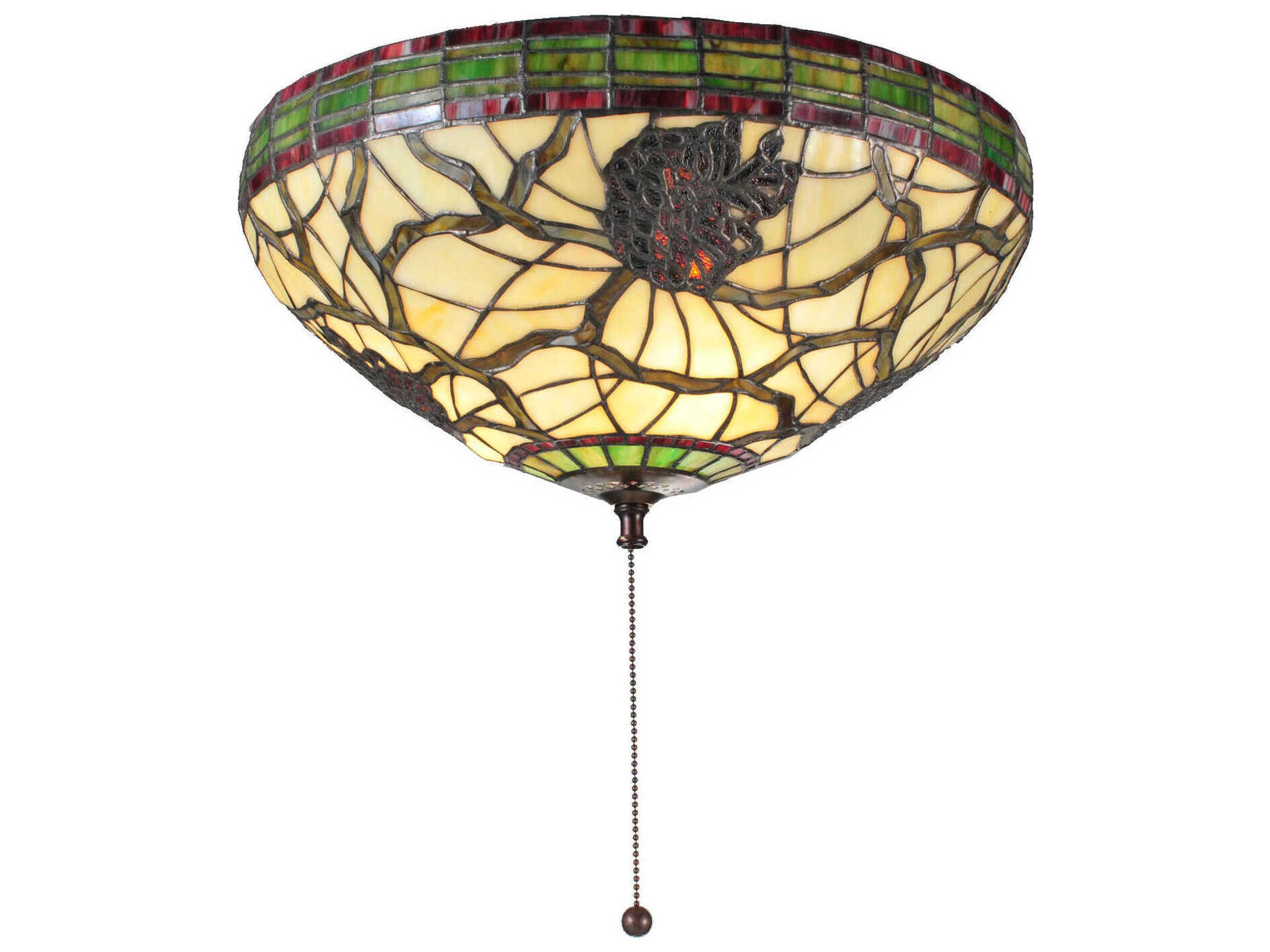 Meyda Pinecone 3-Light Green Ruby Beige Brown Glass Tiffany Dome Flush Mount