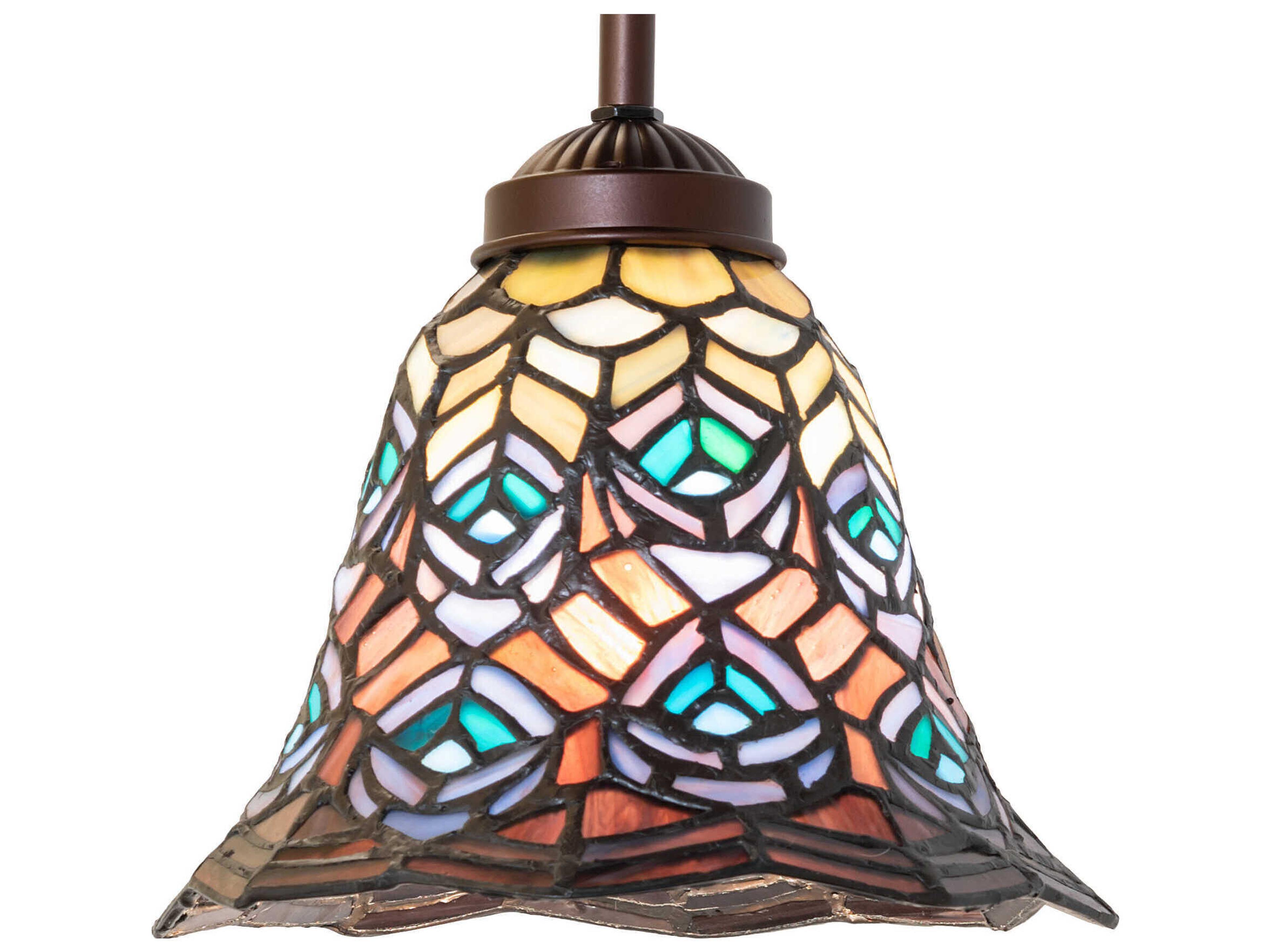 Meyda Tiffany Peacock Feather 1-Light Mahogany Bronze Glass Bell Mini Pendant