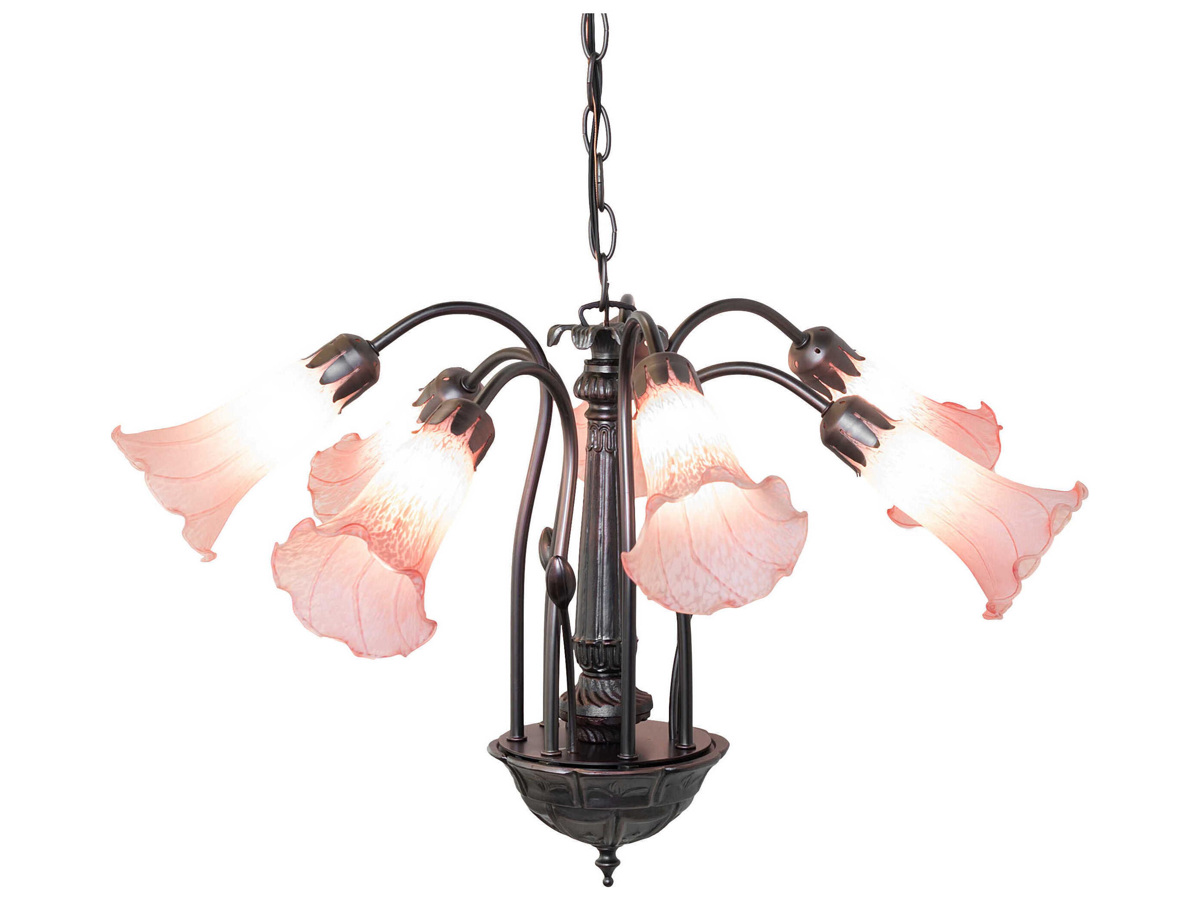 Meyda Pond Lily 7-Light Mahogany Bronze Pink Glass Bell Chandelier