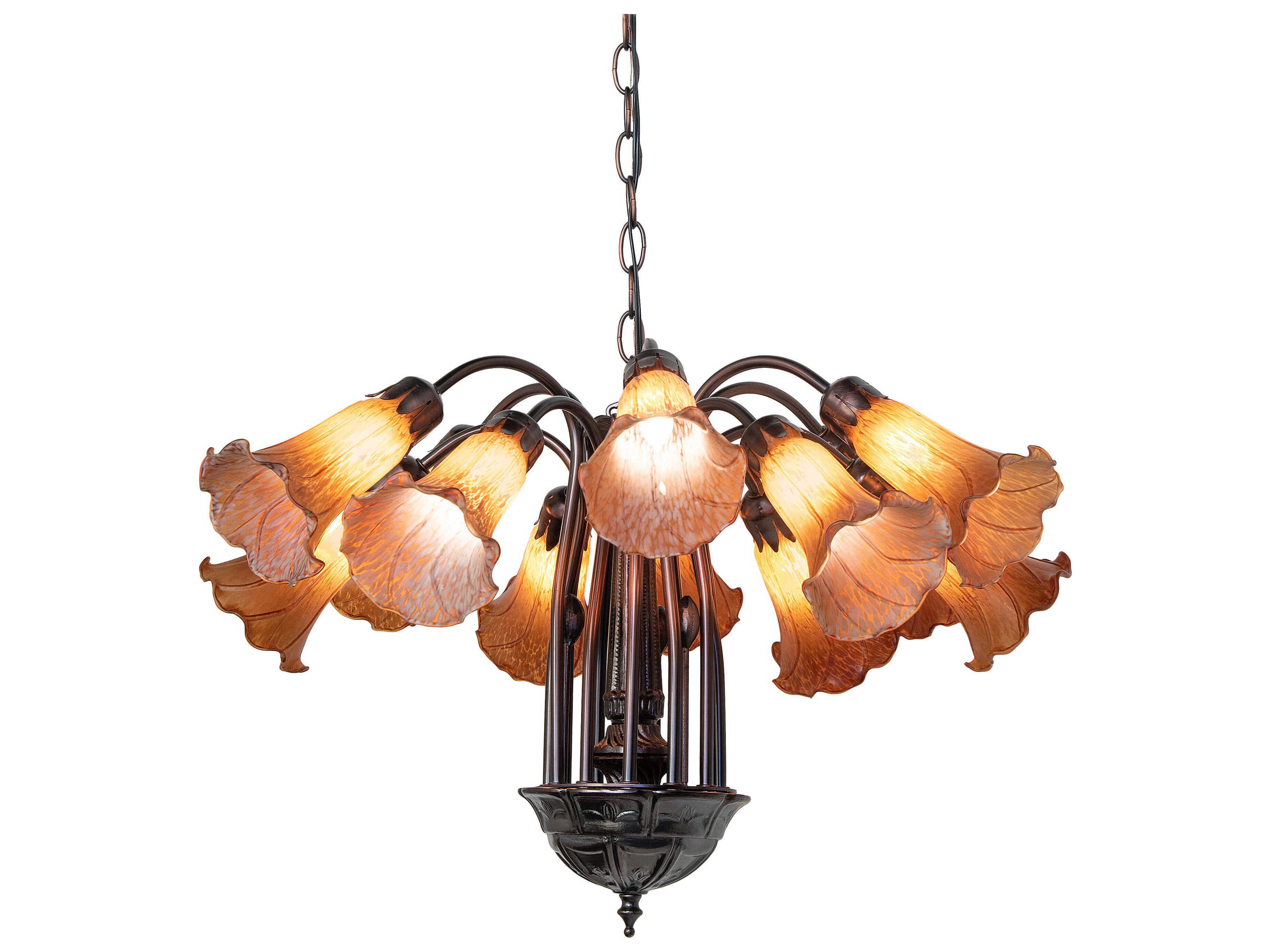 Meyda Pond Lily 12-Light Mahogany Bronze Yellow Glass Bell Chandelier
