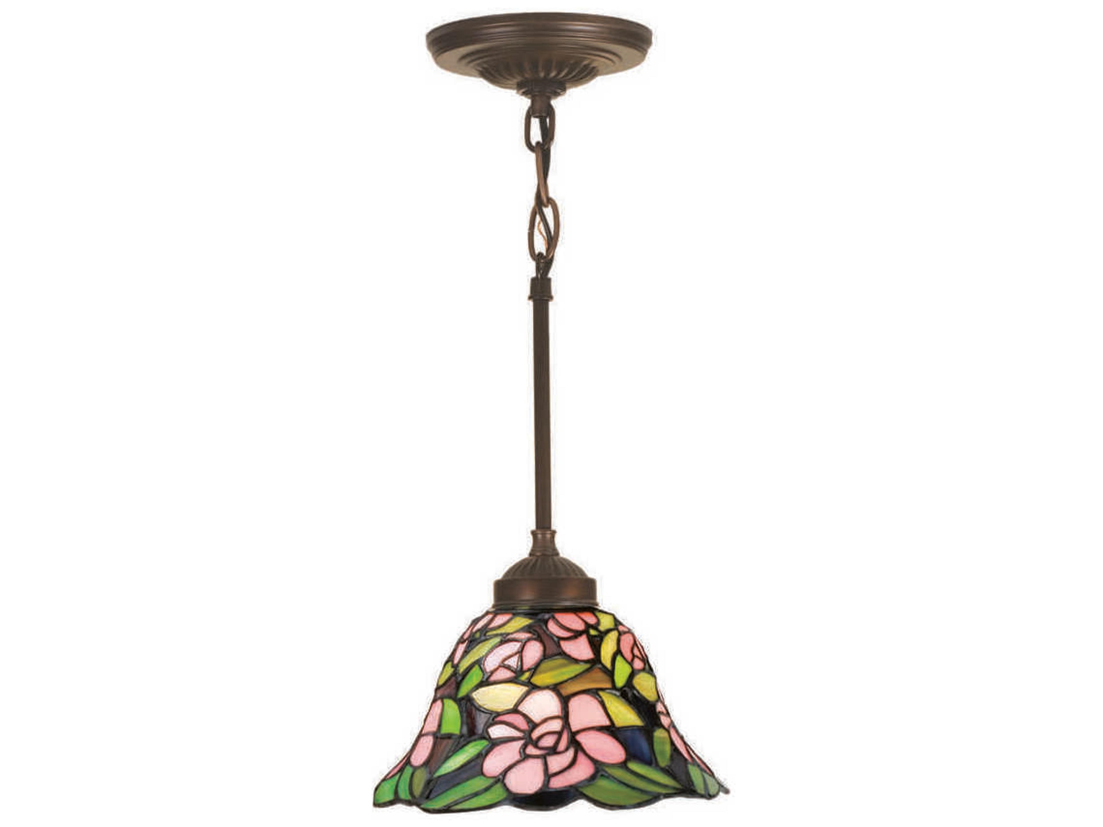 Meyda Begonia 1-Light Bronze Glass Tiffany Bell Mini Pendant