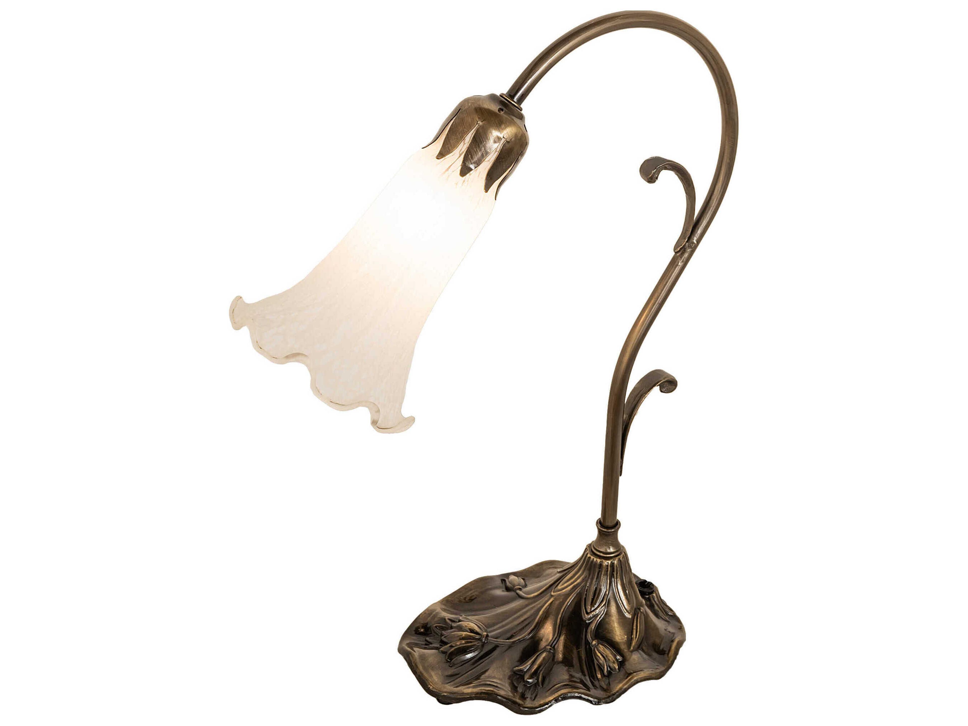 Meyda Pond Lily Antique Brass Glass Table Lamp with White Shade