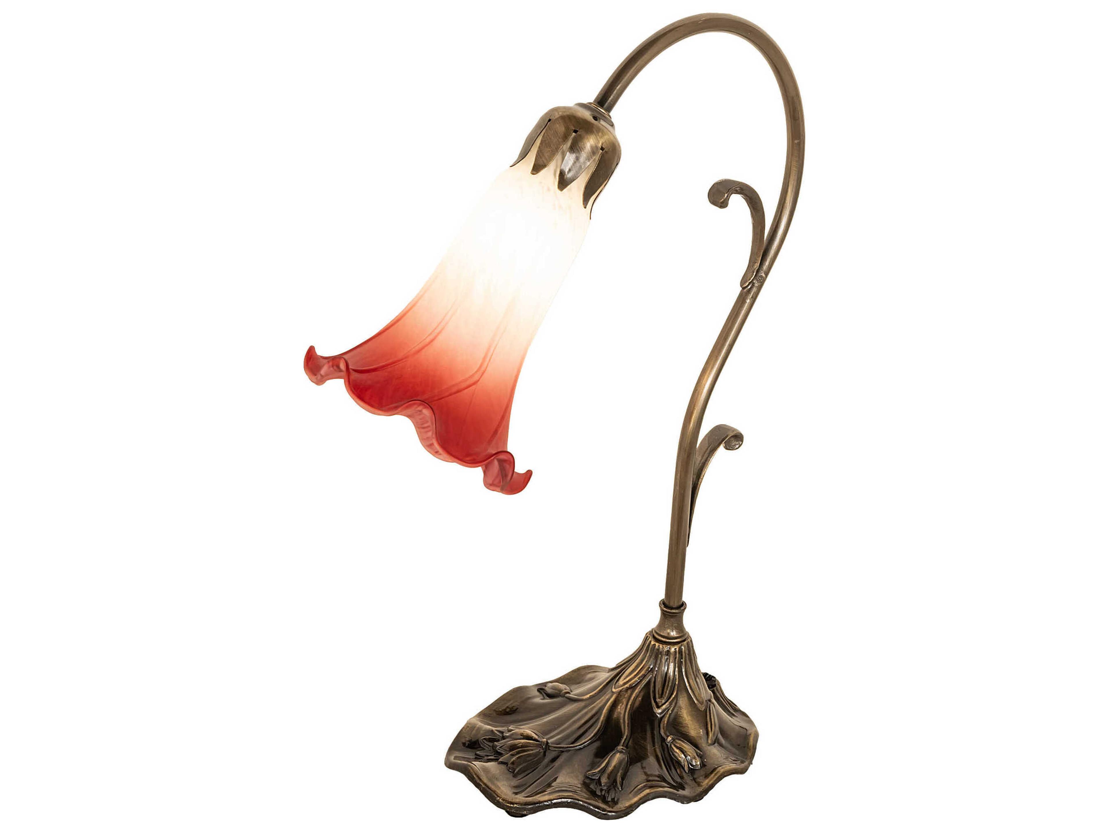 Meyda Pond Lily Antique Brass Glass Table Lamp with Ruby White Shade