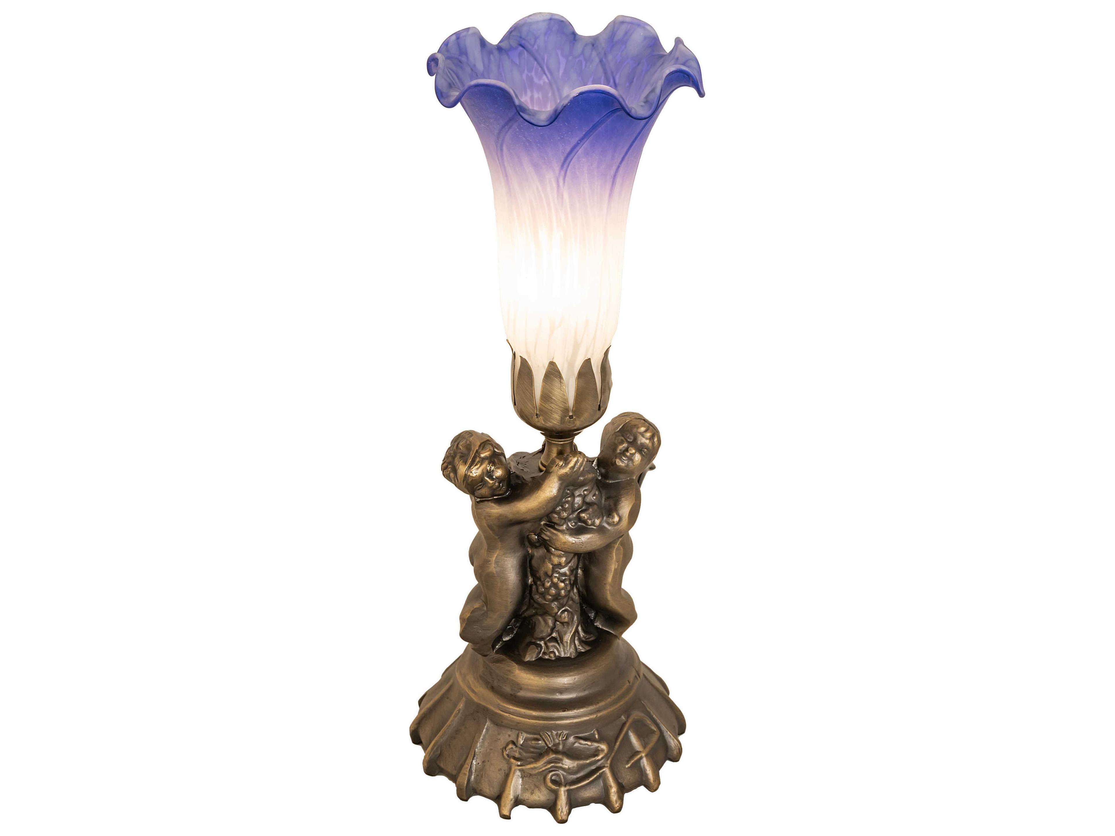 Meyda Pond Lily Antique Brass Glass Table Lamp with Blue White Shade
