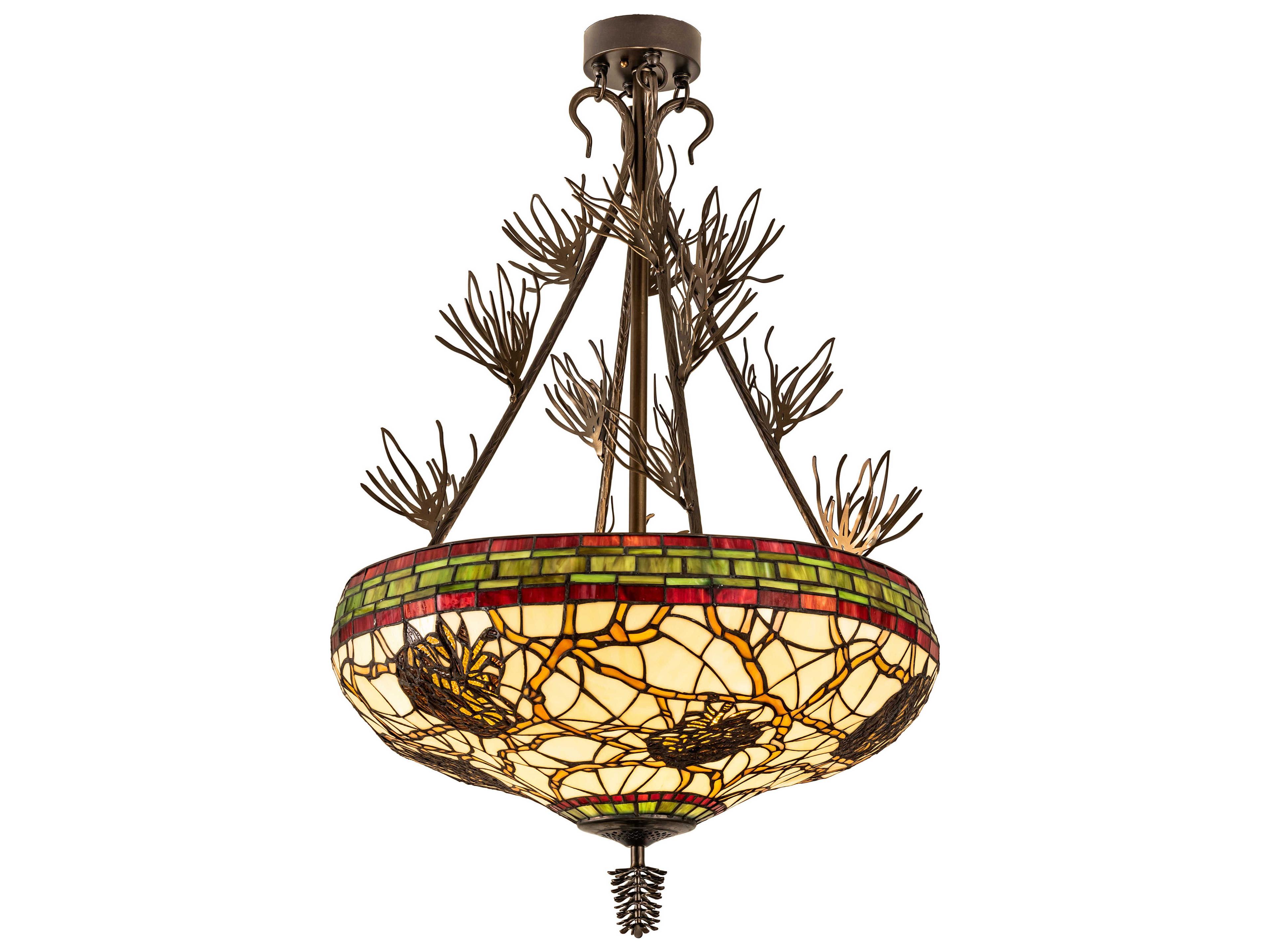 Meyda Pinecone 4-Light Steel Glass Tiffany Bowl Semi Flush Mount