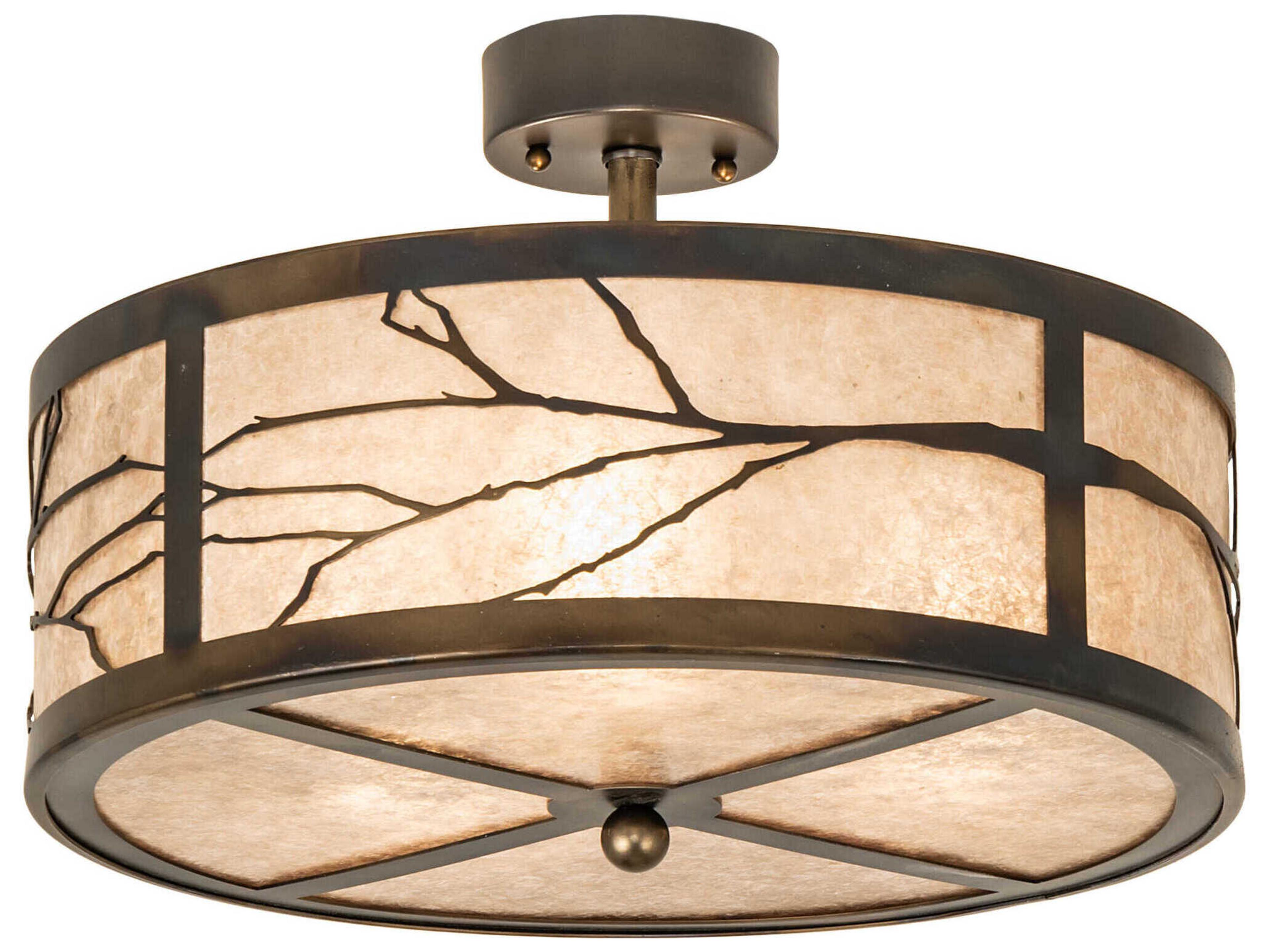 Meyda Branches 3-Light Antique Copper Glass Drum Semi Flush Mount