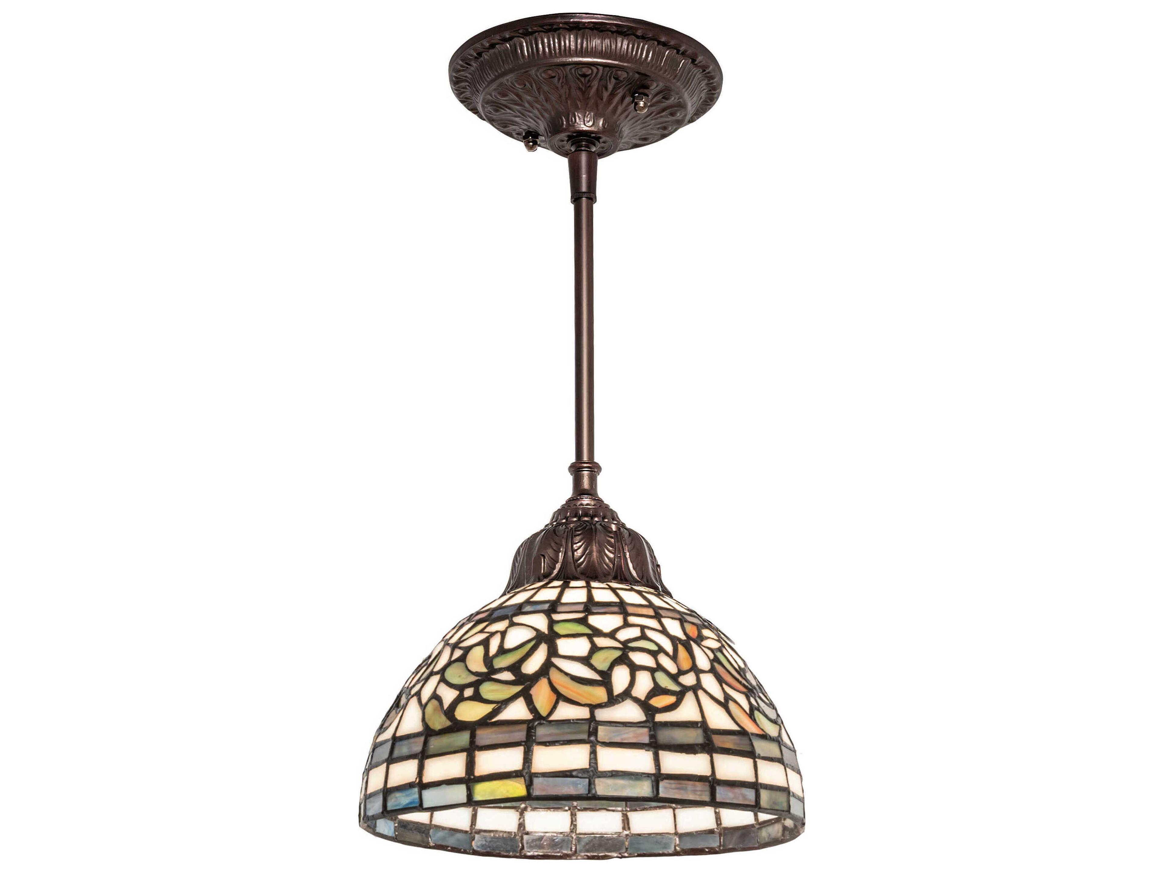 Meyda Tiffany Turning Leaf 1-Light Brass Glass Dome Mini Pendant