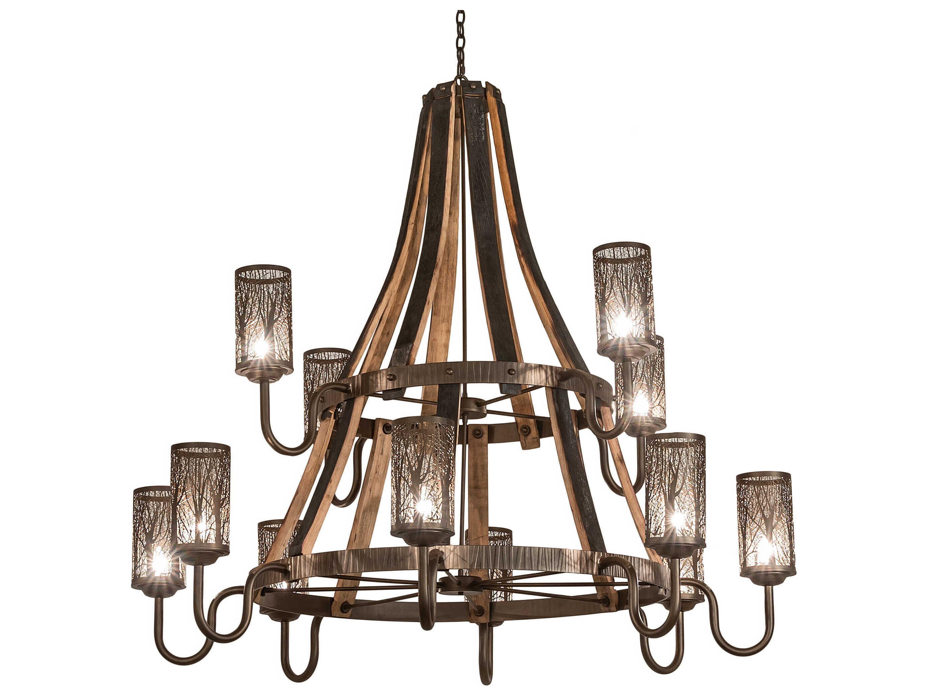Meyda Barrel Stave 12-Light Bronze Natural Wood Cylinder Tiered Chandelier