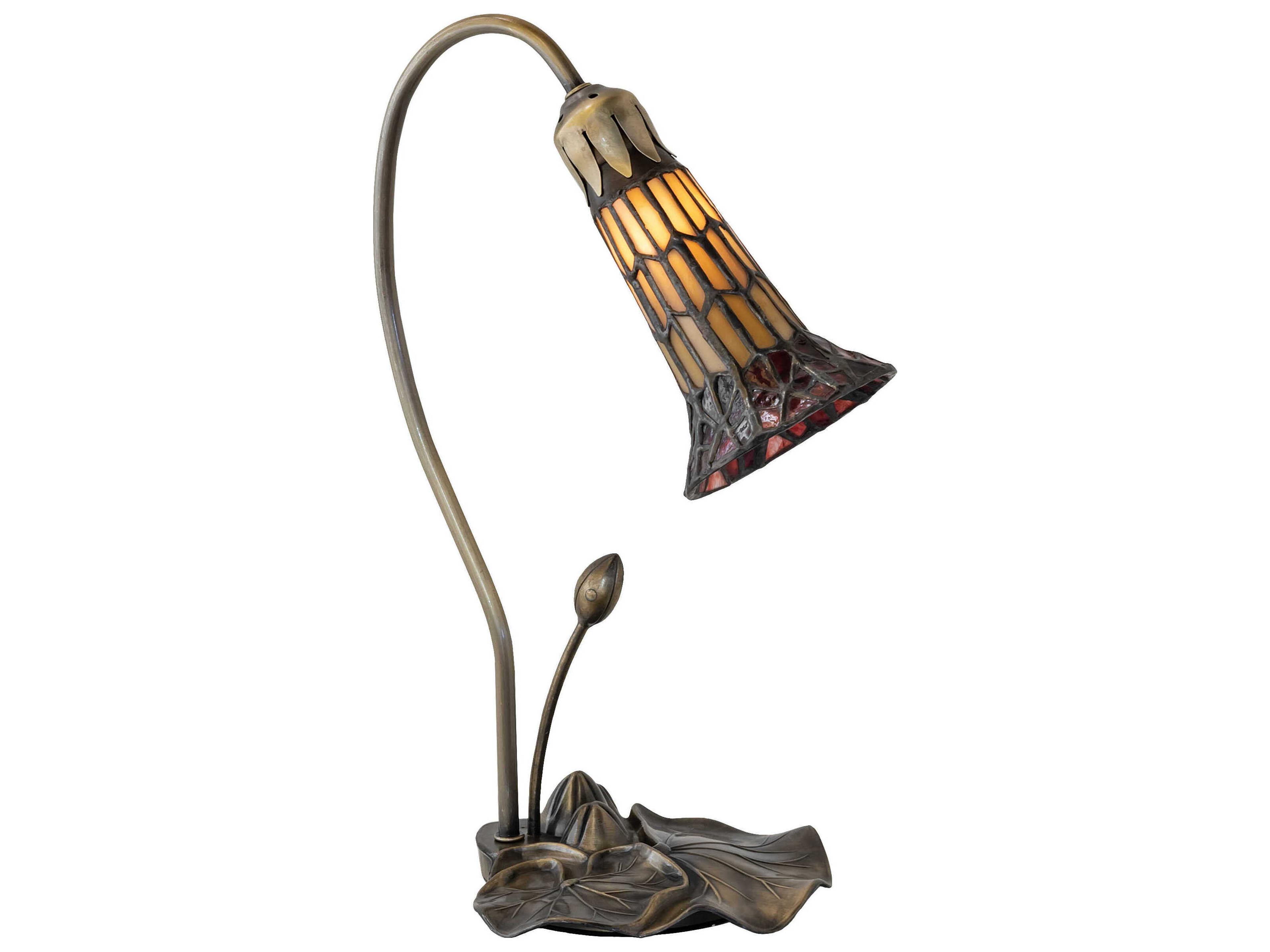 Meyda Stained Glass Pond Lily Antique Copper Cranberry Ruby Tiffany Table Lamp with Shade