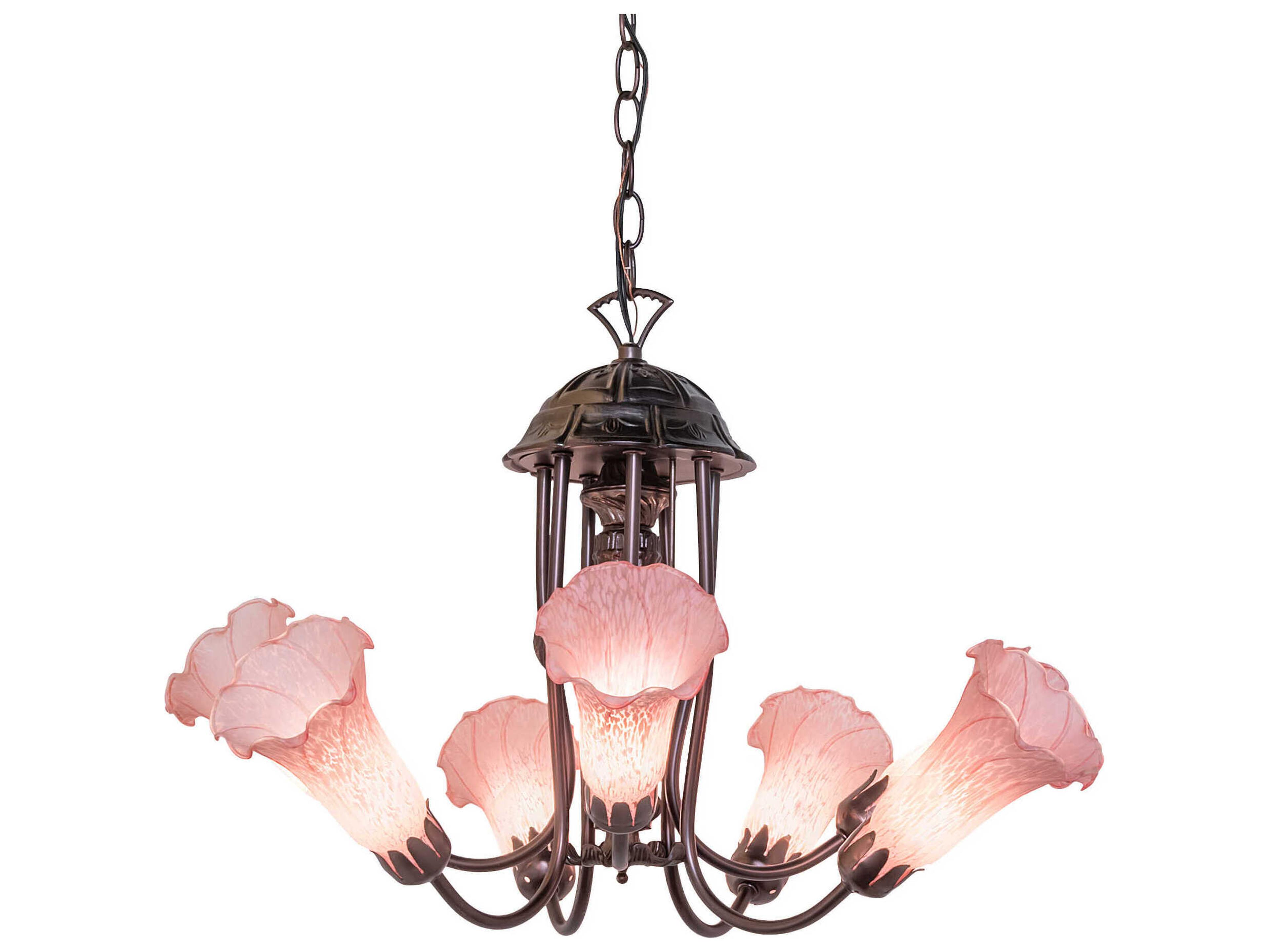 Meyda Pond Lily 7-Light Mahogany Bronze Pink Glass Bell Chandelier
