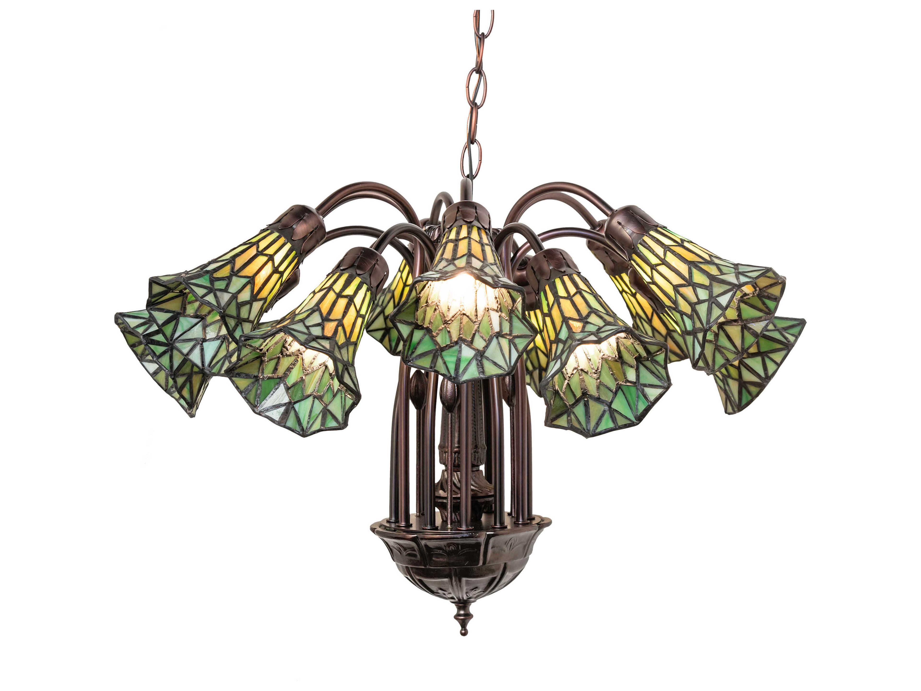 Meyda Stained Glass Pond Lily 12-Light Mahogany Bronze Bell Chandelier