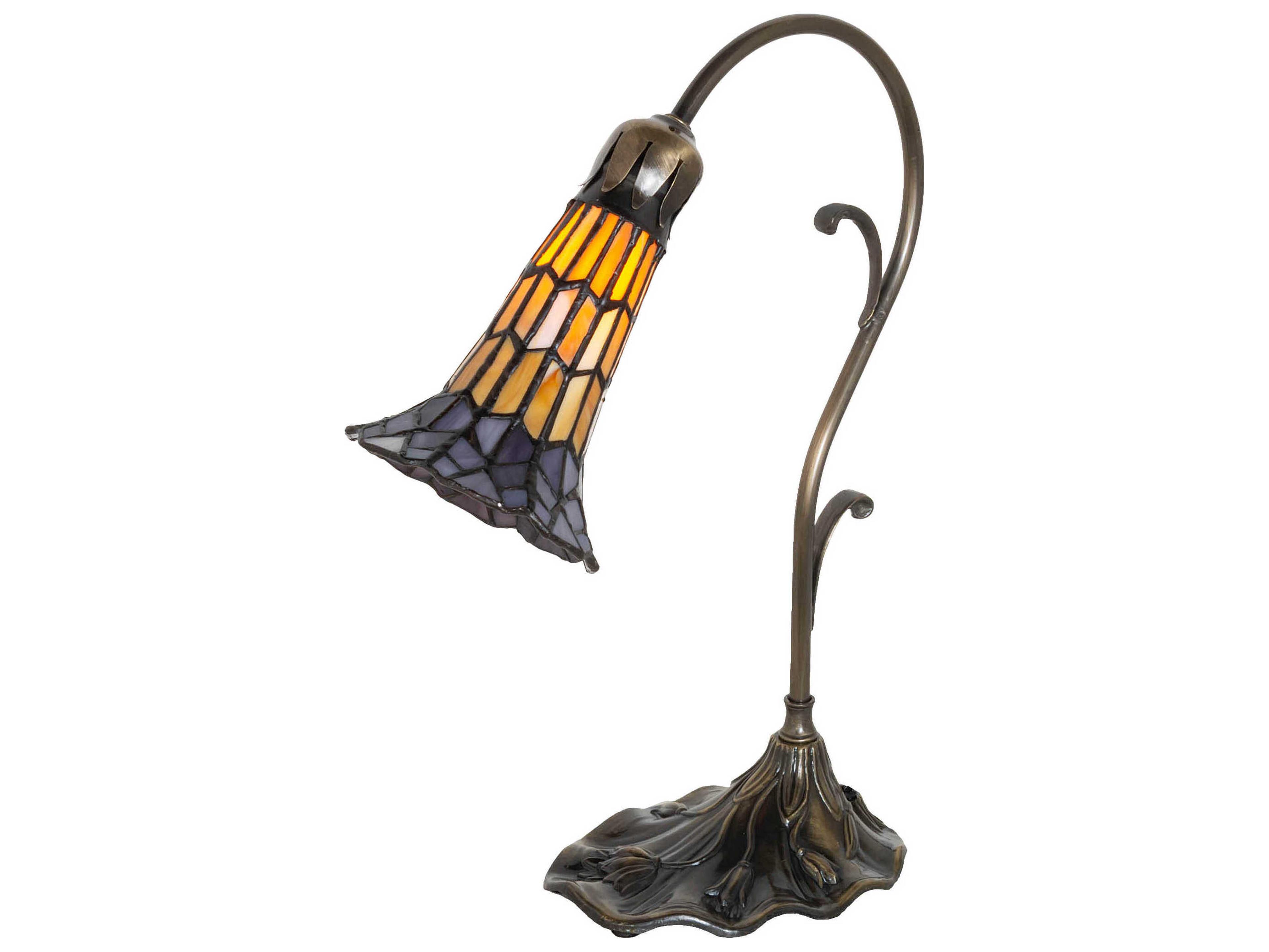 Meyda Pond Lily Antique Brass Tiffany Table Lamp with Amber Glass Violet Shade