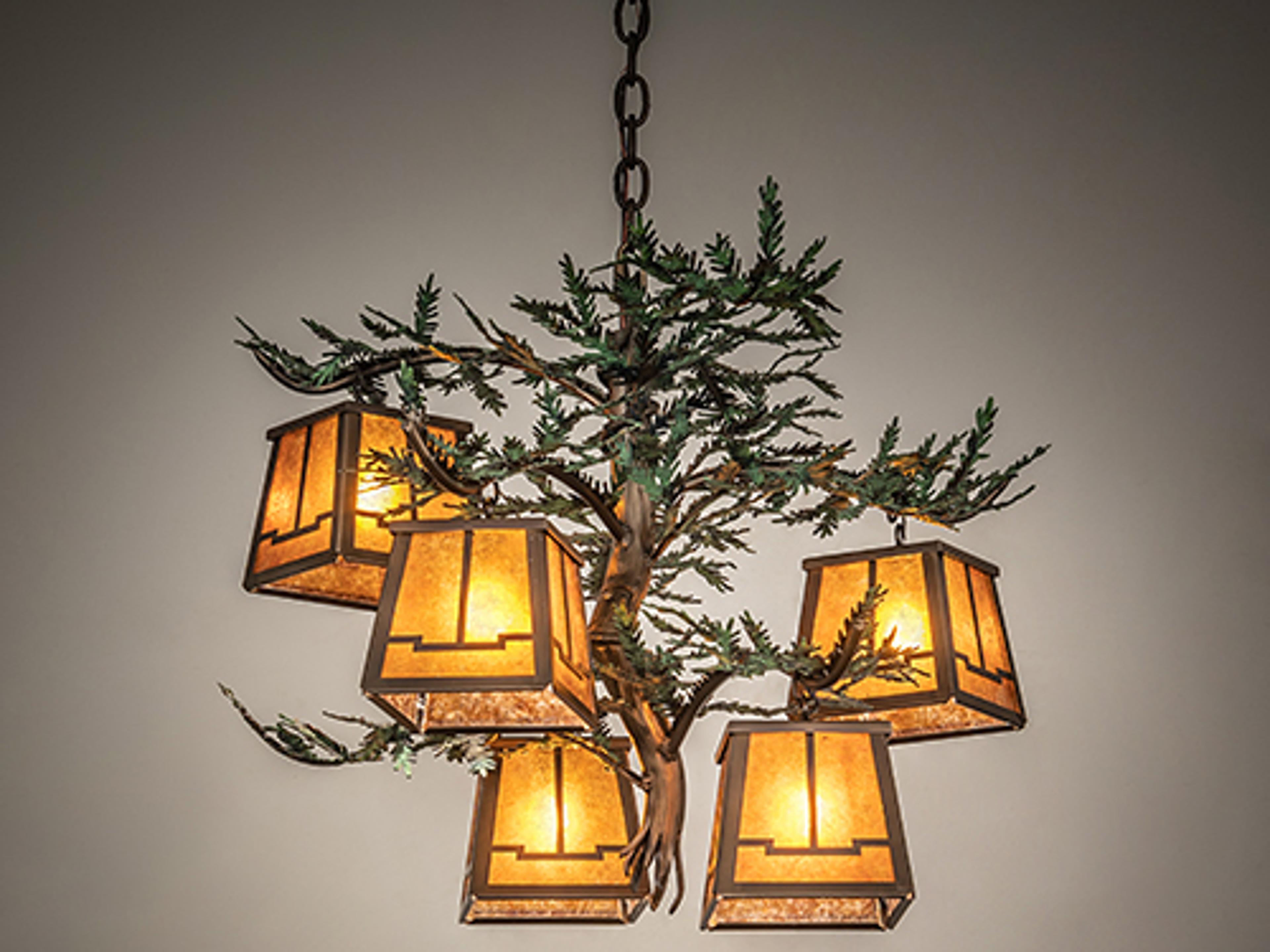 Meyda Pine Branch Valley View 5-Light Antique Copper Green Glass Tiffany Lantern Chandelier