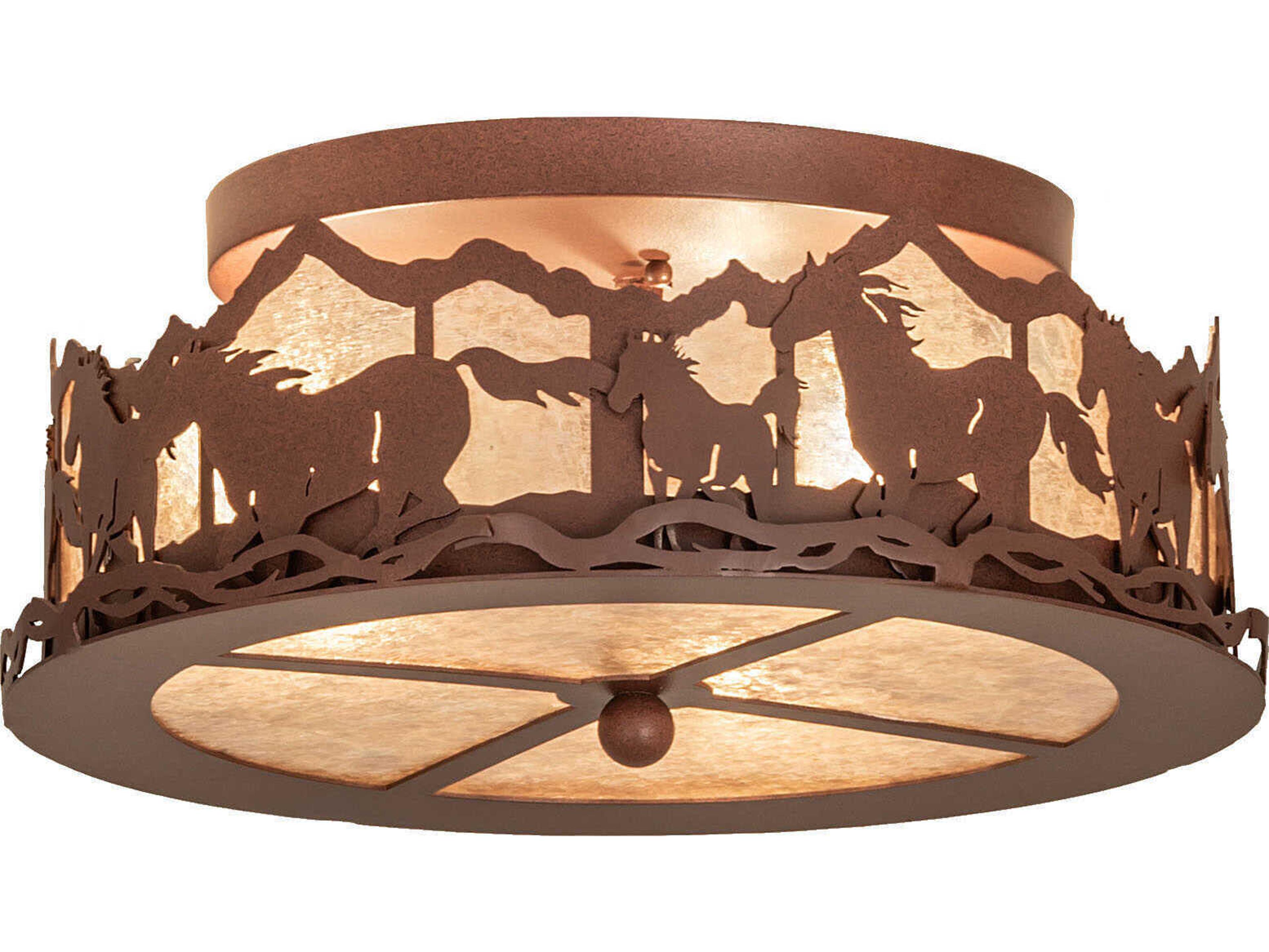 Meyda Running Horses 3-Light Rust Brown Glass LED Drum Semi Flush Mount