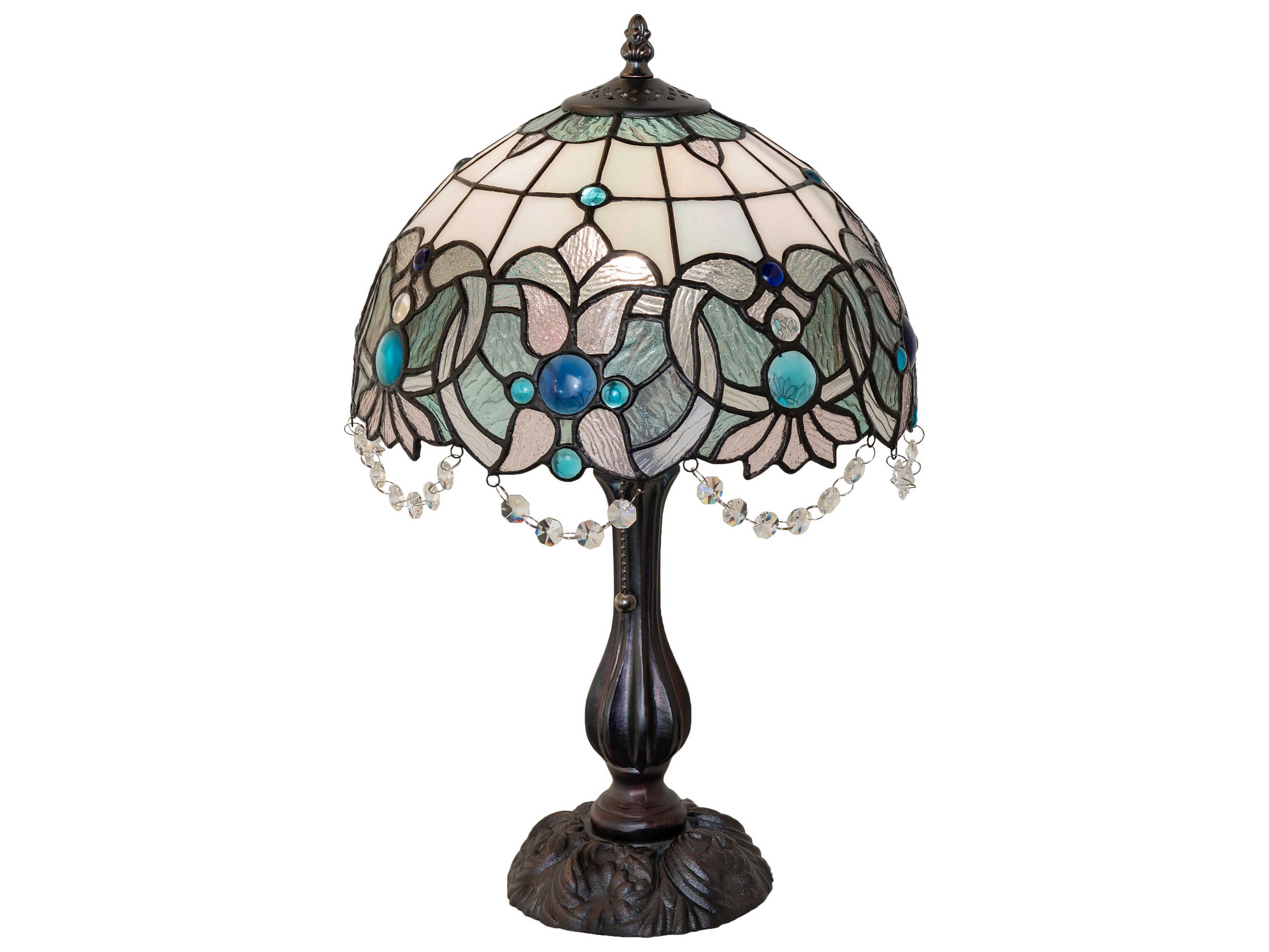 Meyda Angelica Mahogany Bronze Blue Clear Iridescent Glass Tiffany Table Lamp