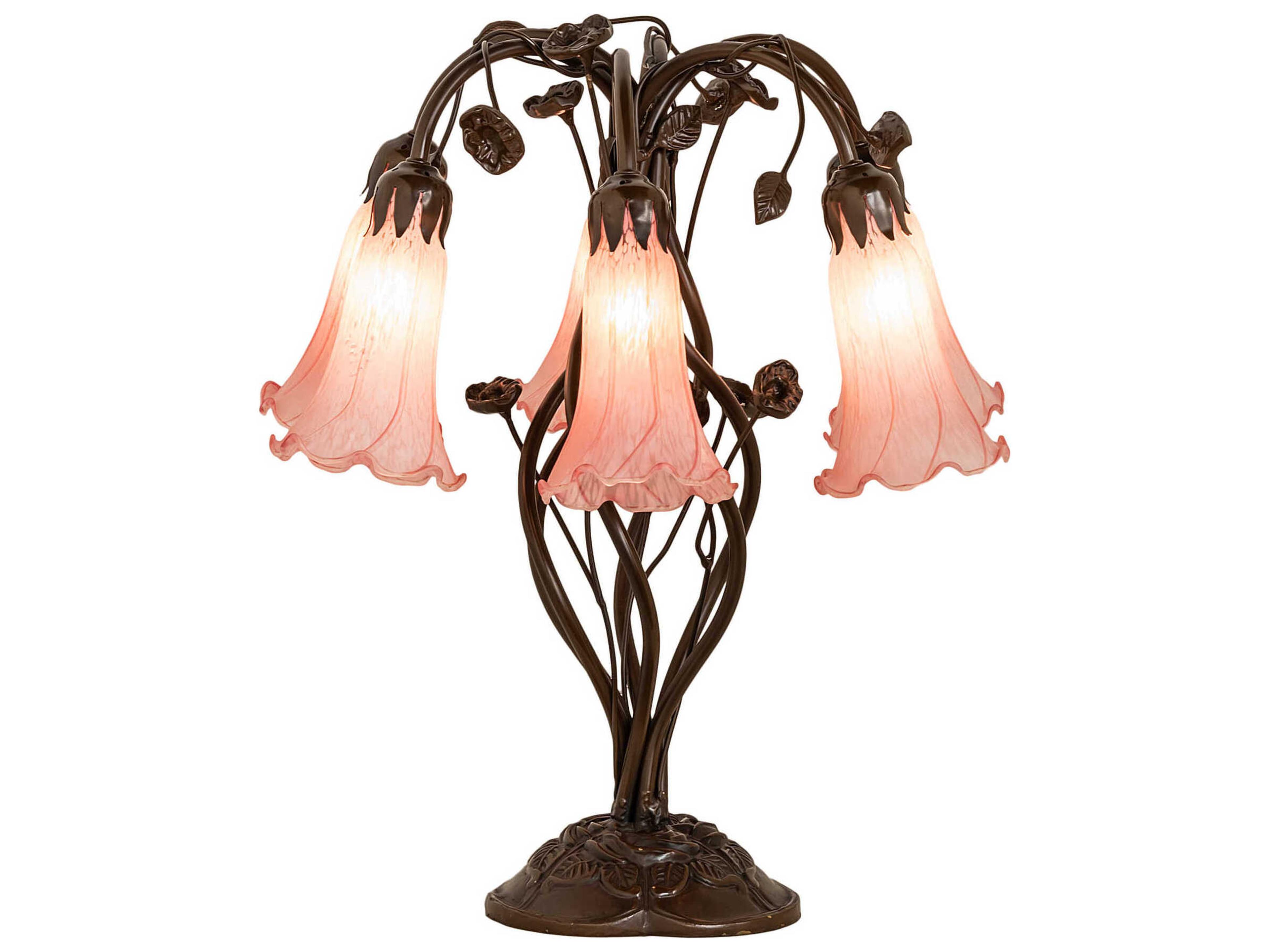 Meyda Pond Lily Mahogany Bronze Tiffany Table Lamp with Pink Glass Shade