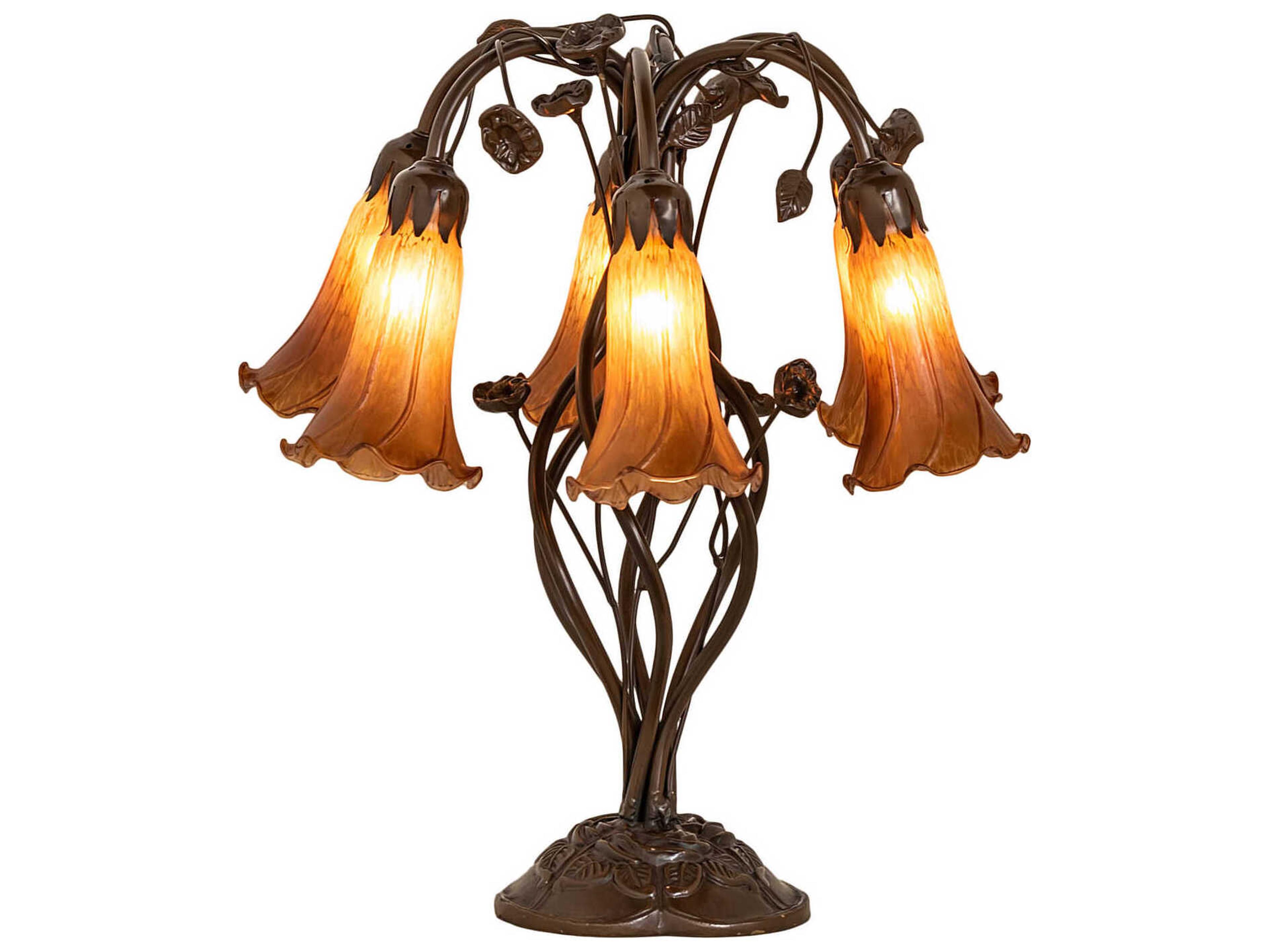 Meyda Pond Lily Mahogany Bronze Tiffany Table Lamp with Amber Glass Shade