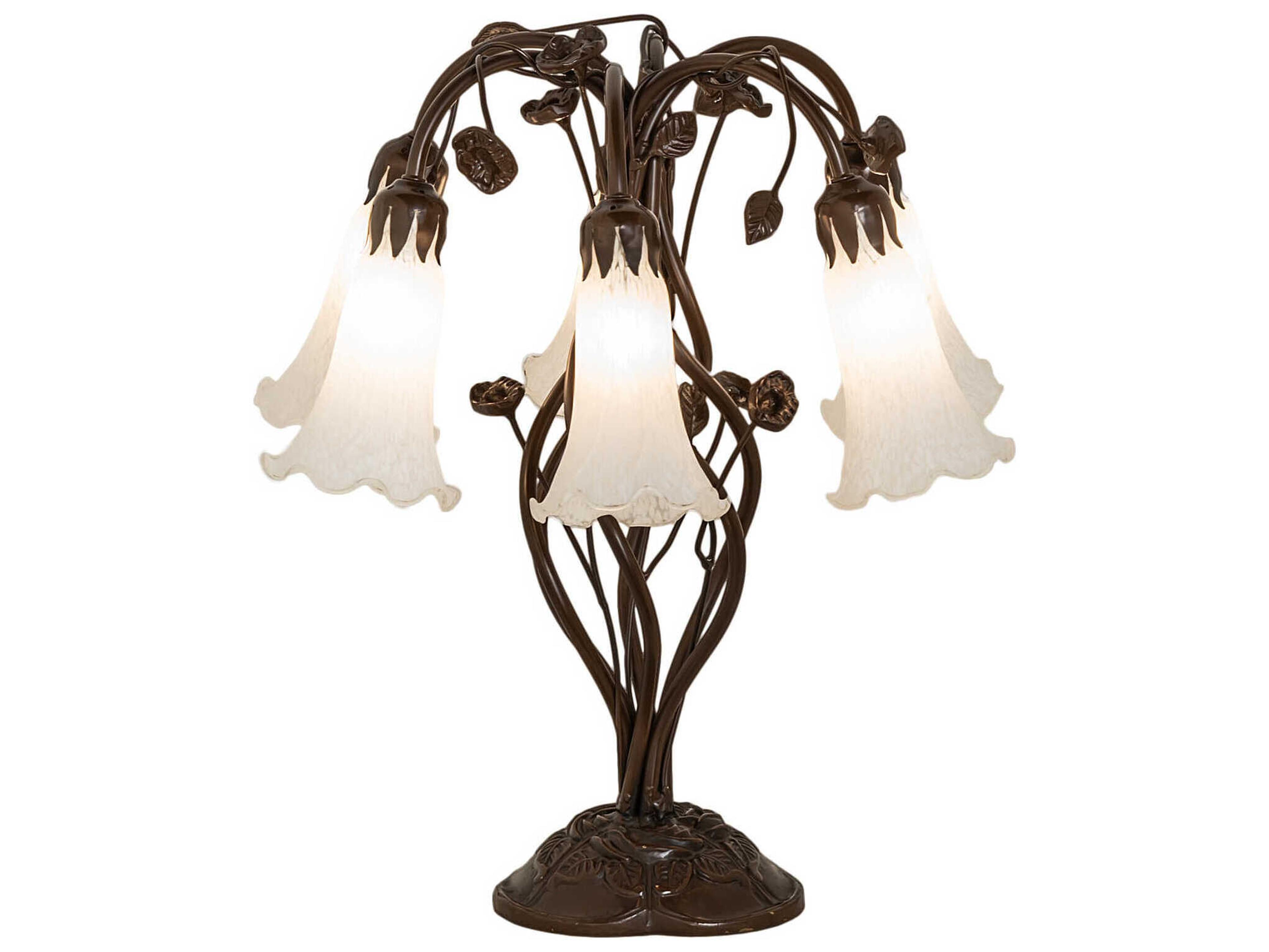 Meyda Pond Lily Mahogany Bronze Tiffany Table Lamp with White Glass Shade