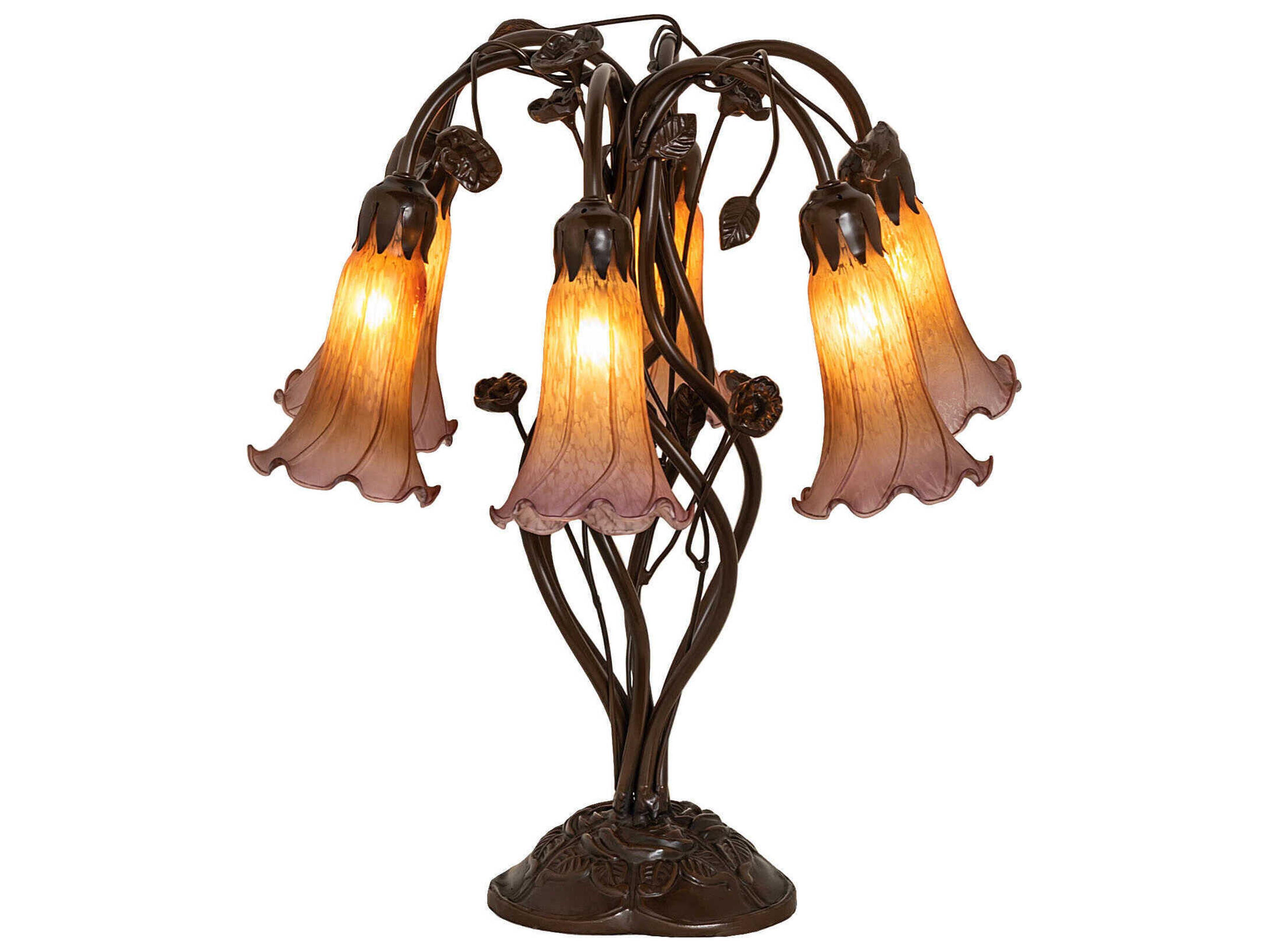 Meyda Pond Lily Mahogany Bronze Tiffany Table Lamp with Amber Purple Glass Shade