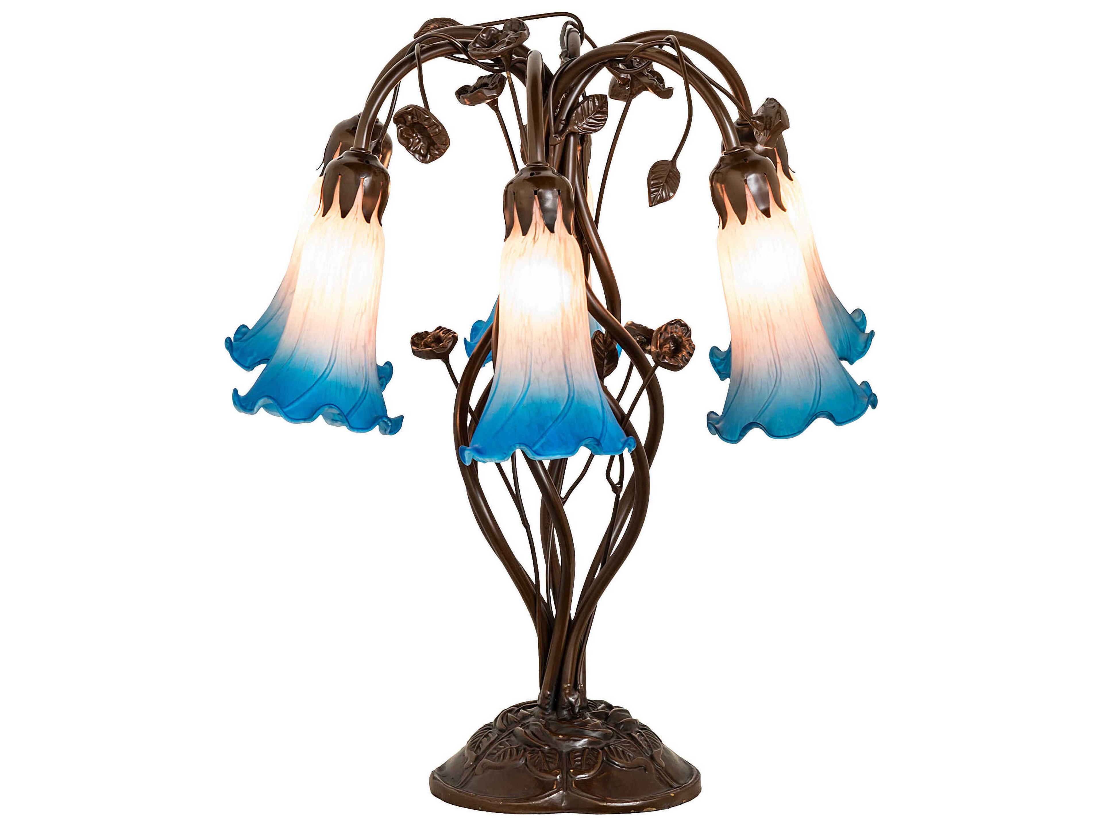 Meyda Pond Lily Mahogany Bronze Tiffany Table Lamp with Pink Blue Glass Shade