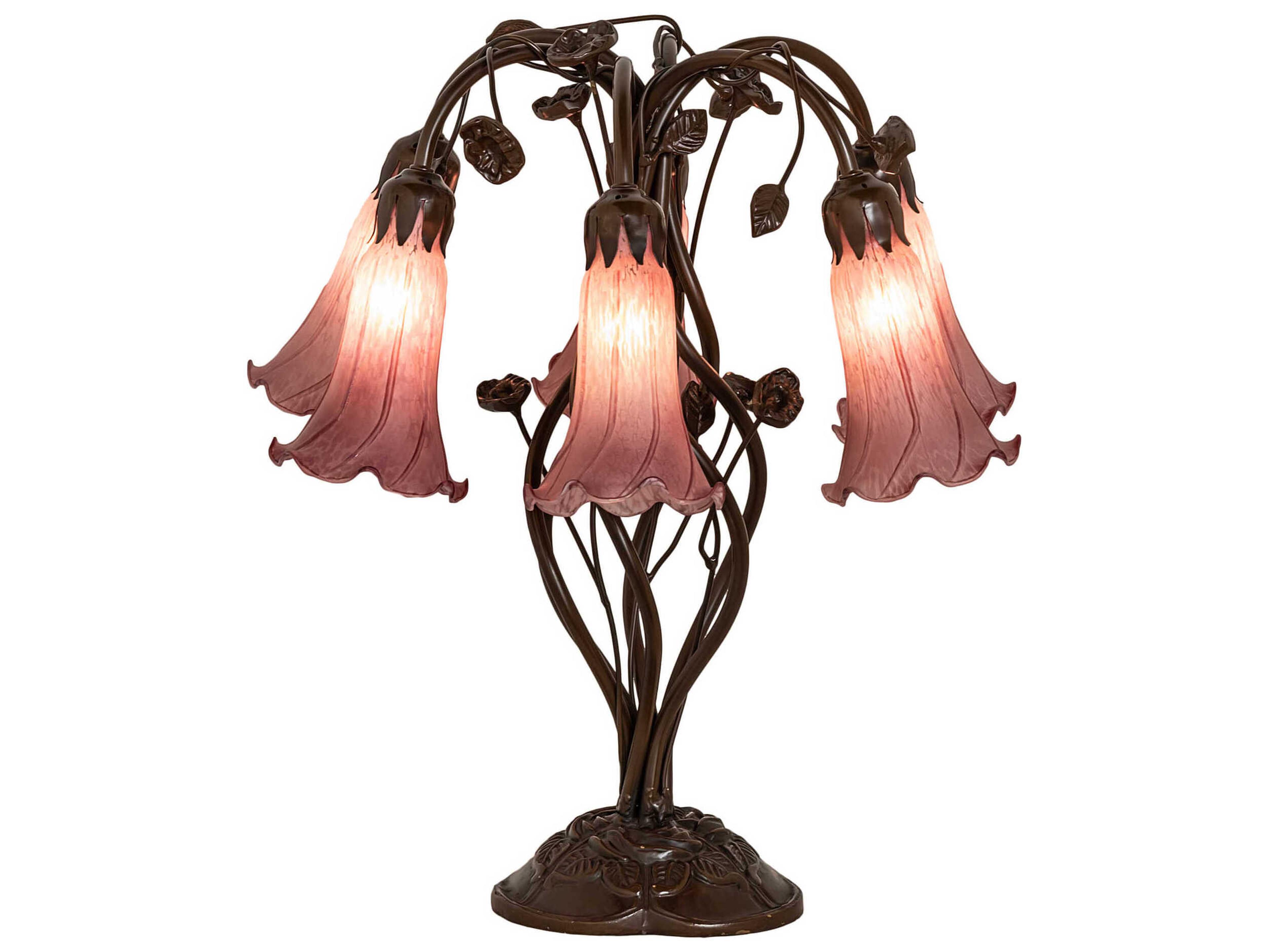 Meyda Pond Lily Mahogany Bronze Tiffany Table Lamp with Lavender Glass Shade