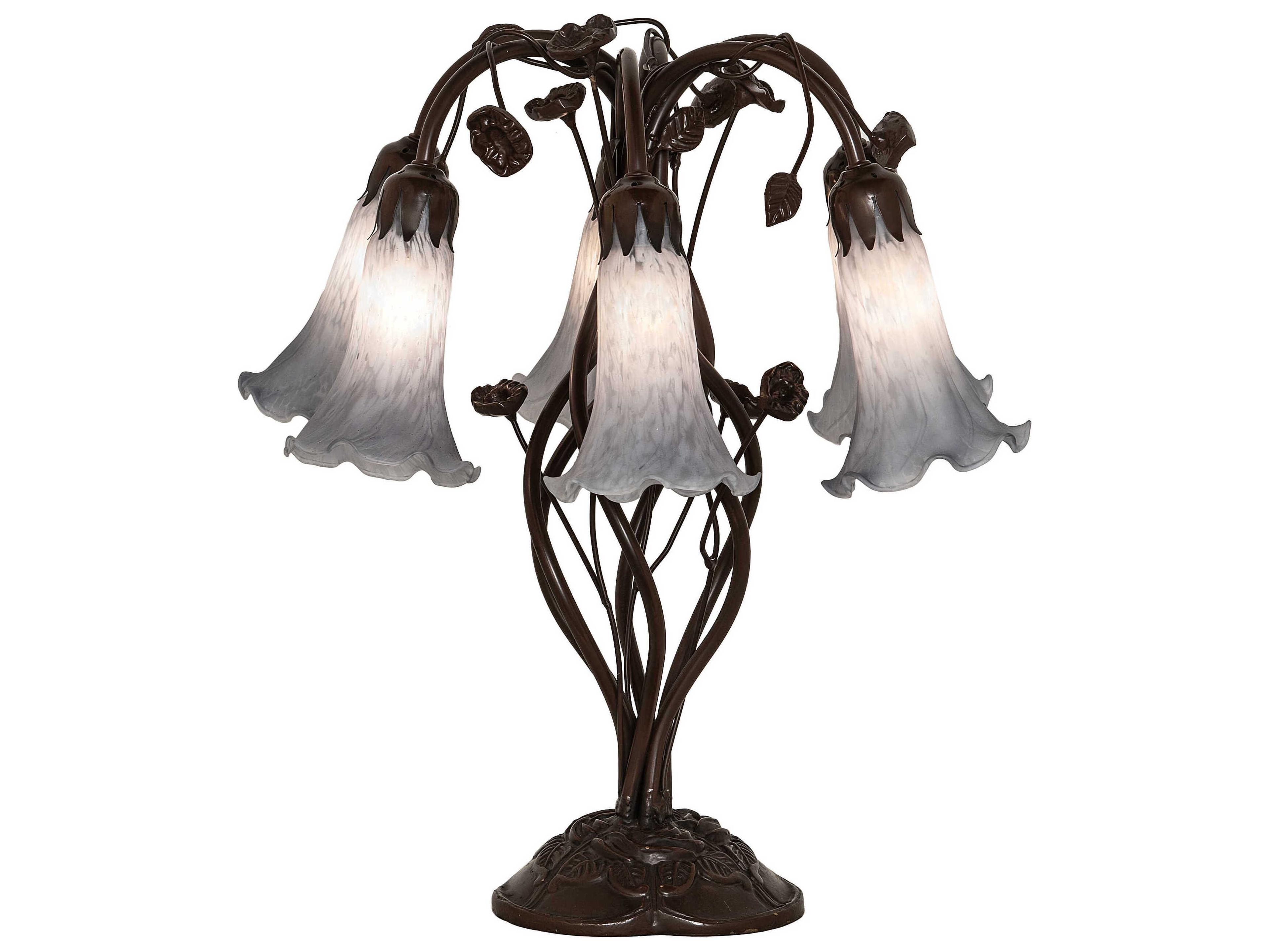 Meyda Pond Lily Mahogany Bronze Amber Glass Table Lamp with Gray Shade