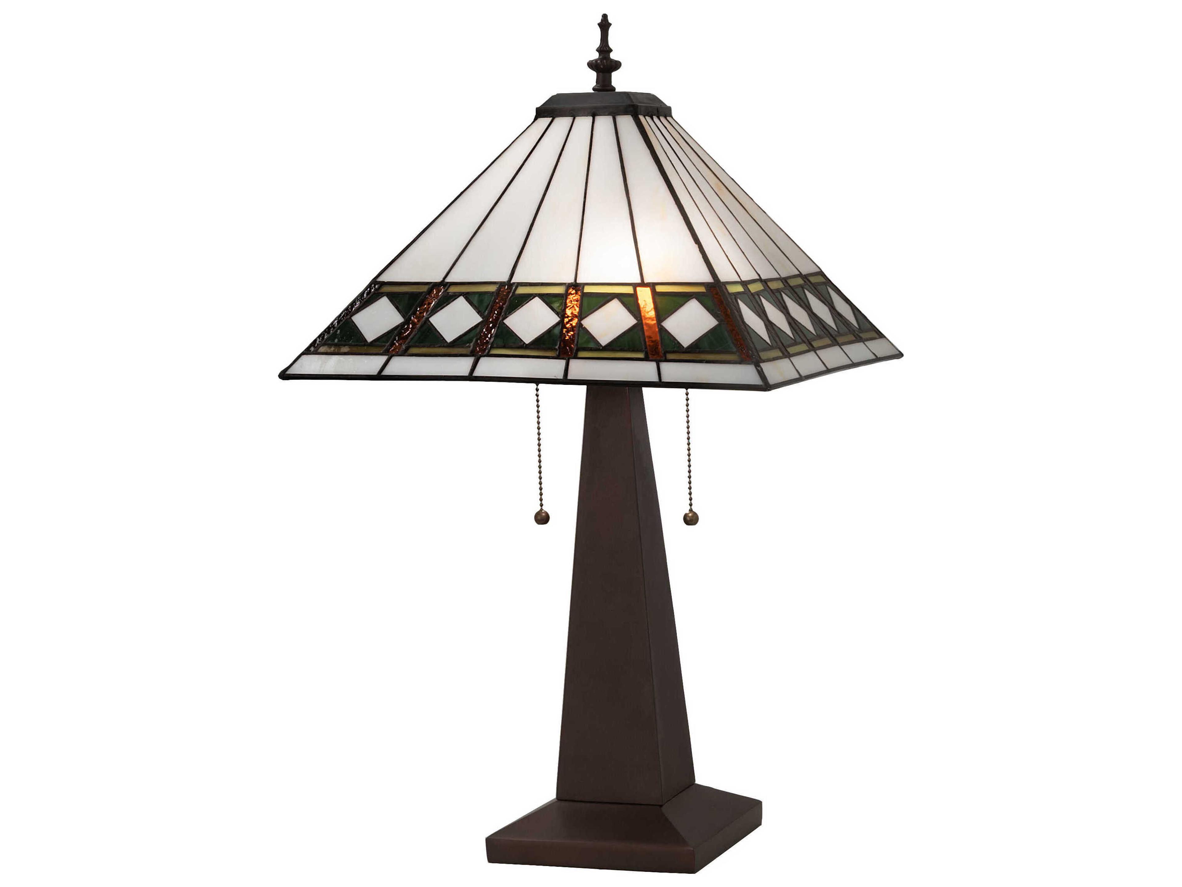 Meyda Diamond Band Mission Mahogany Bronze Amber Glass Green Beige Tiffany Table Lamp